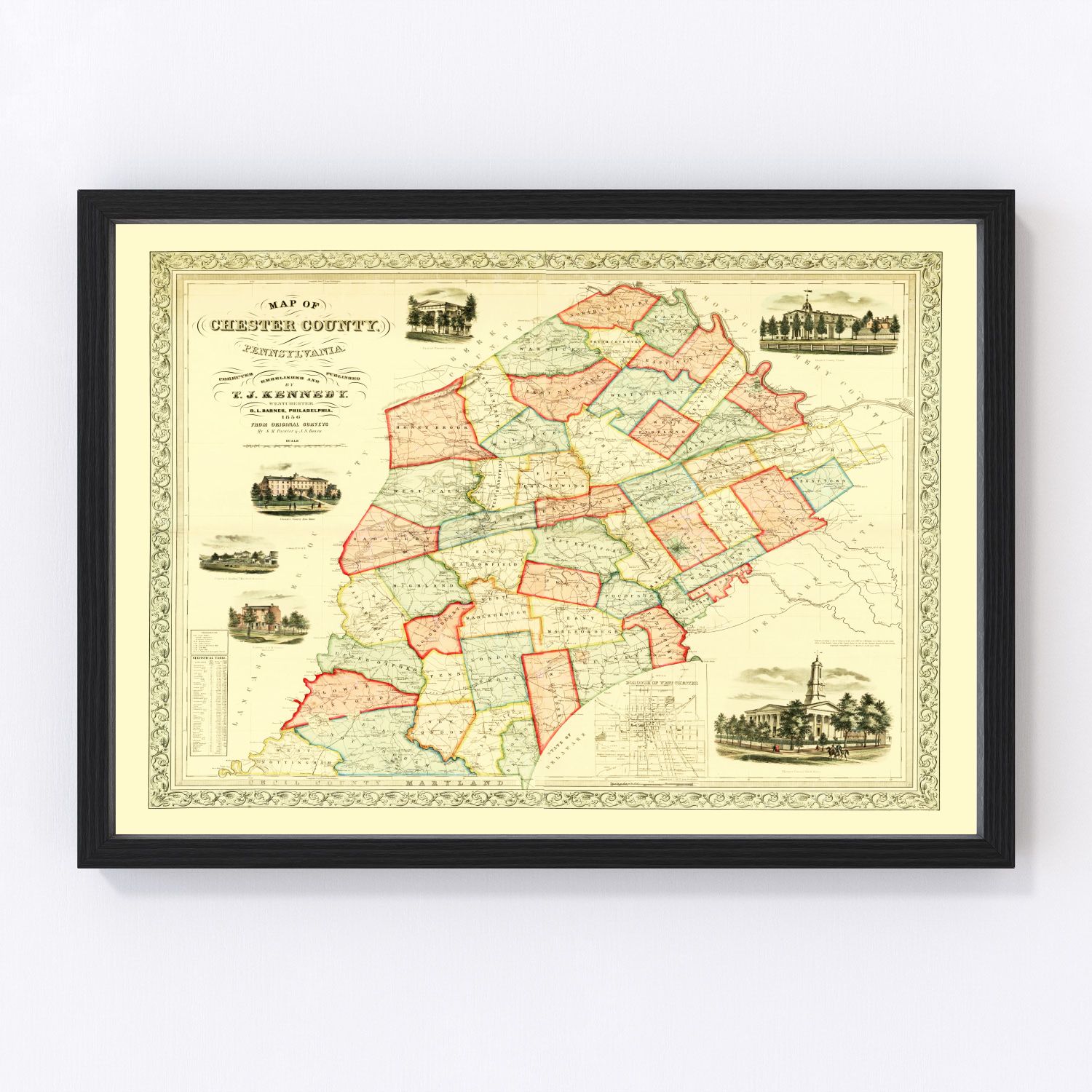 Vintage map of Chester County, Pennsylvania, 1856, digitally restored print