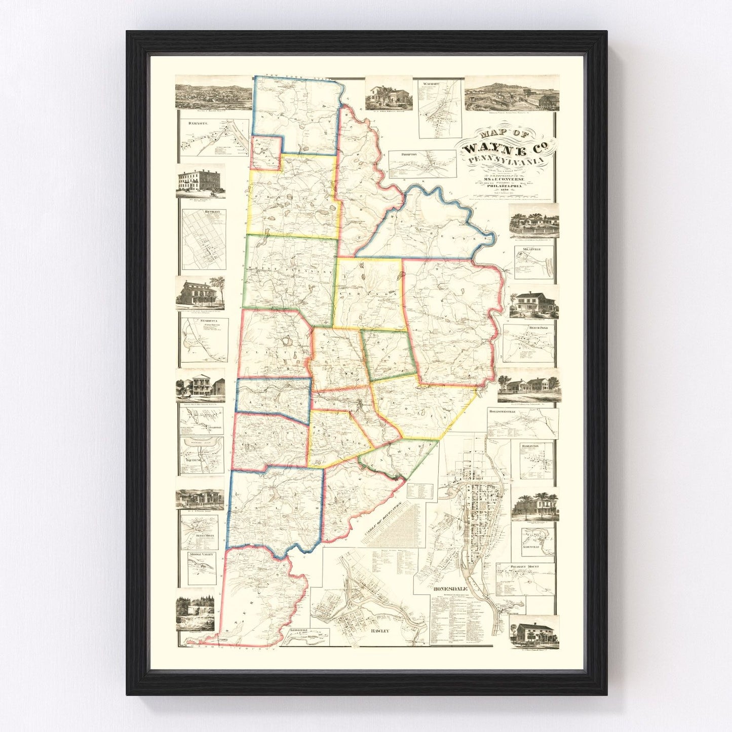 Vintage map of Wayne County, Pennsylvania, 1860 - Honesdale Poconos restored print