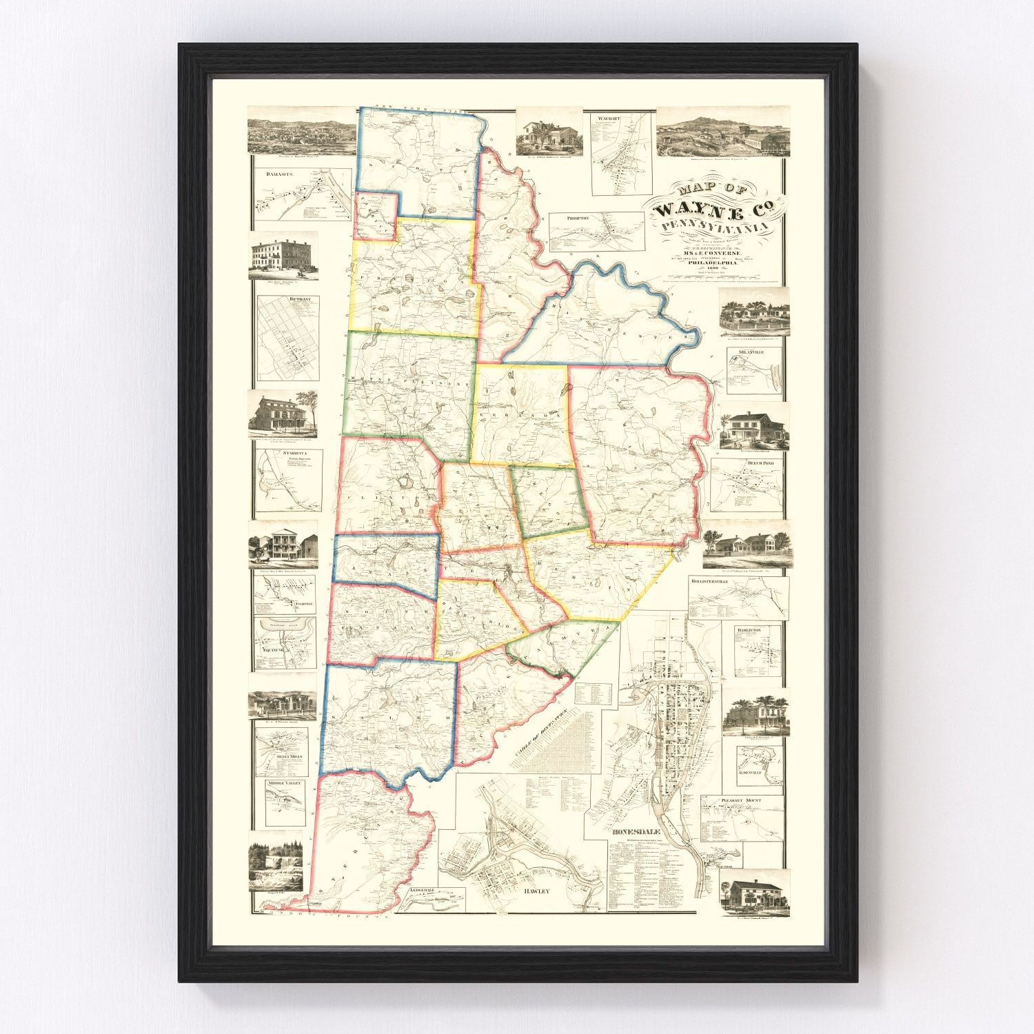 Vintage map of Wayne County, Pennsylvania, 1860 - Honesdale Poconos restored print
