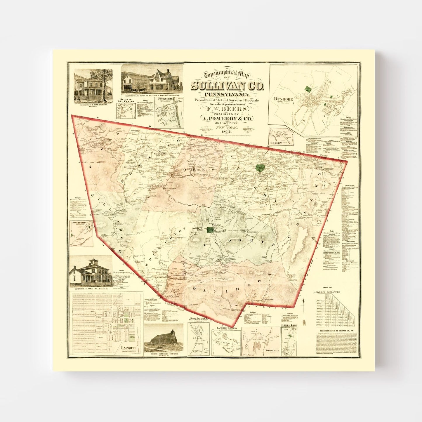 Vintage Map of Sullivan County, Pennsylvania, 1872