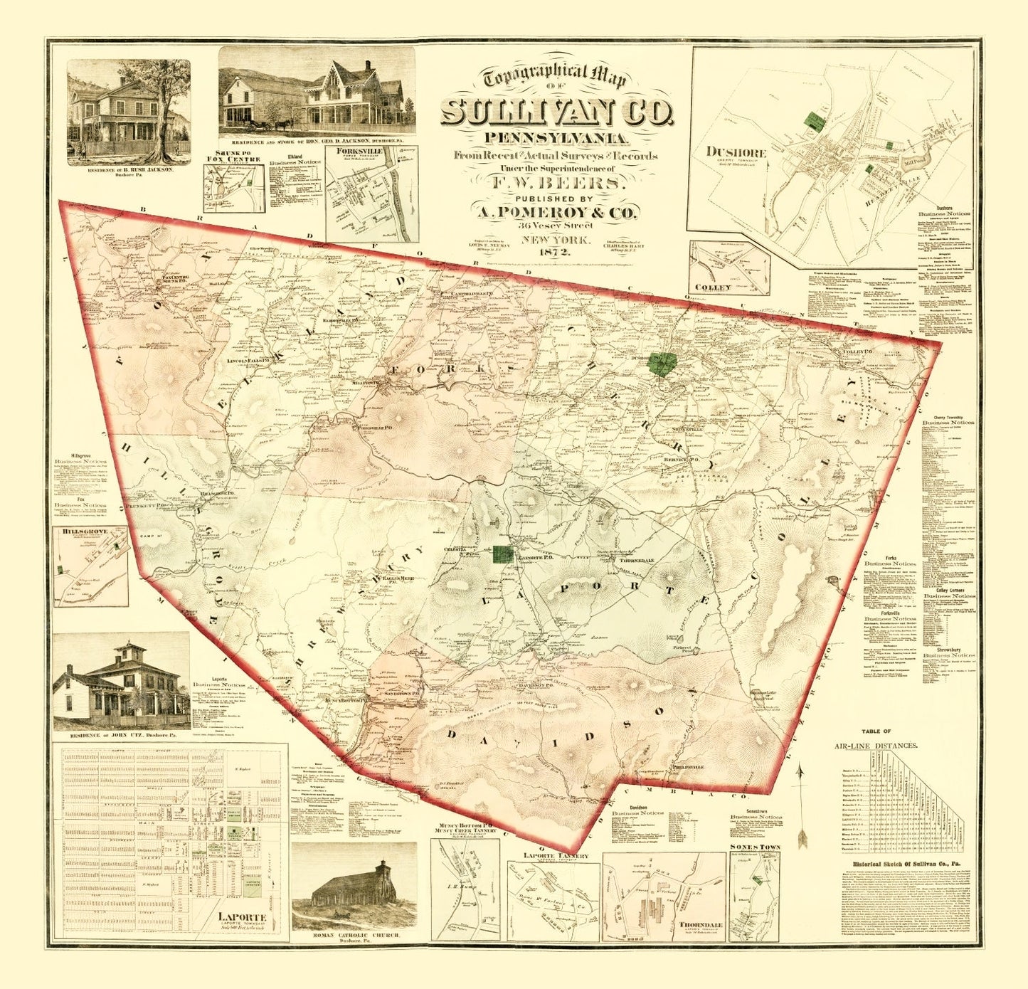 Vintage Map of Sullivan County, Pennsylvania, 1872