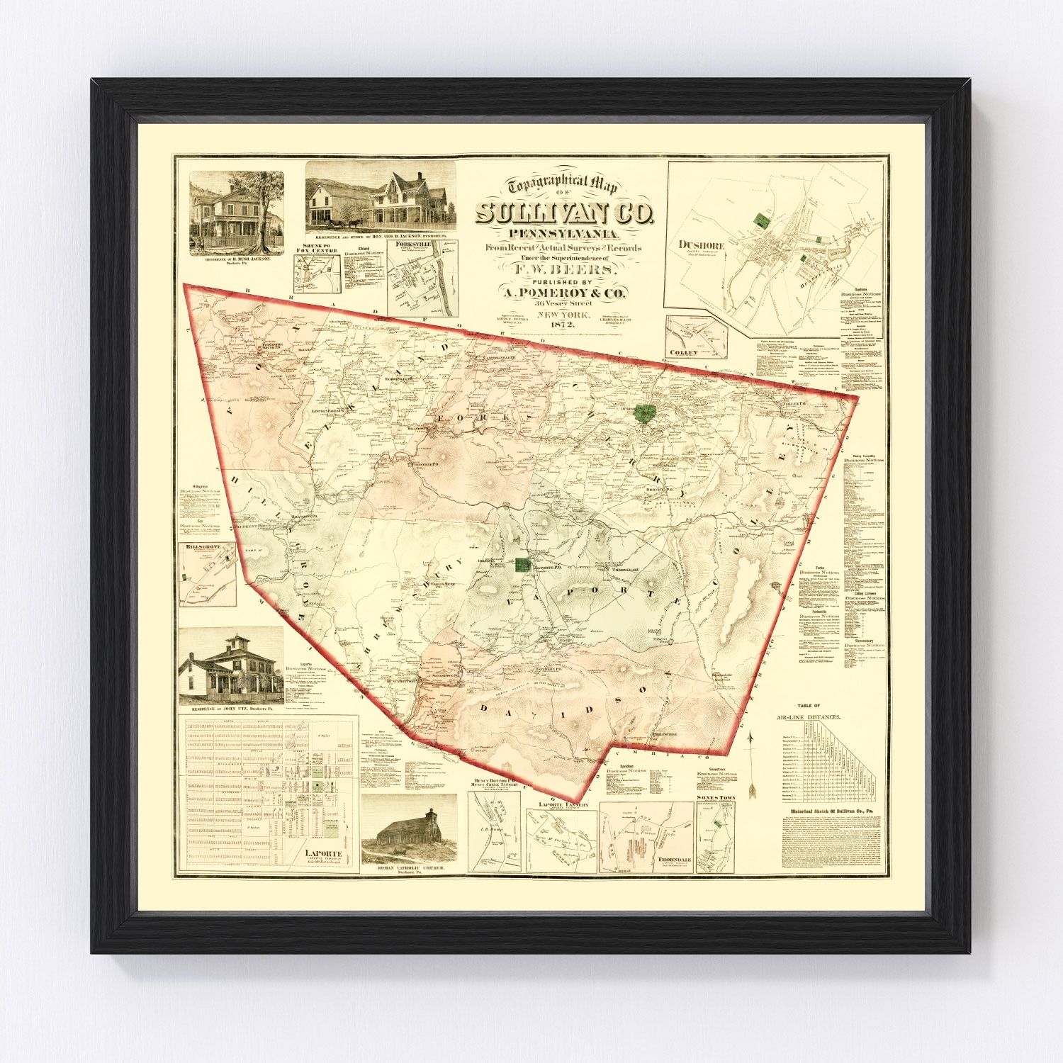Vintage map of Sullivan County, Pennsylvania, 1872
