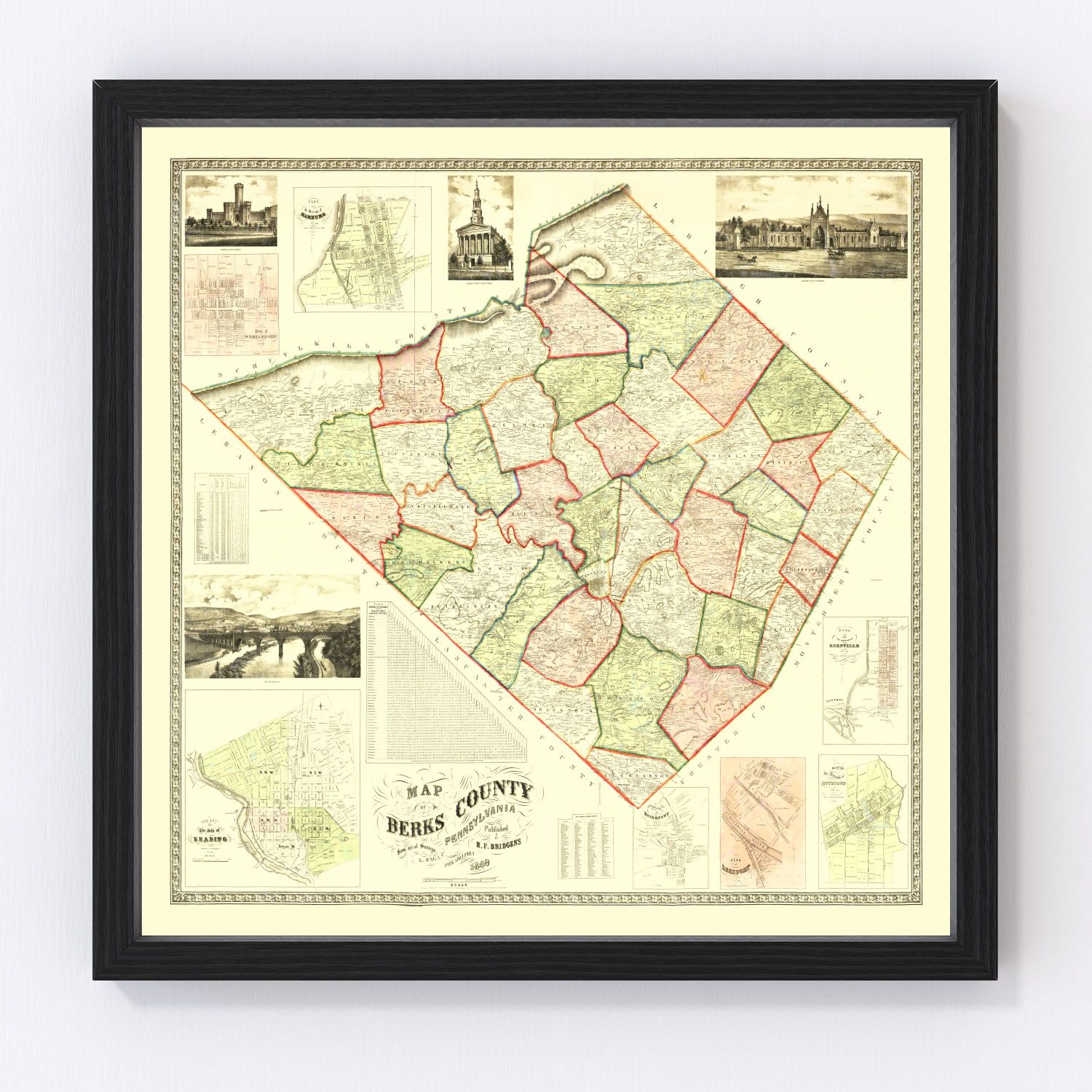Vintage map of Berks County, Pennsylvania, 1860, Reading area restored print