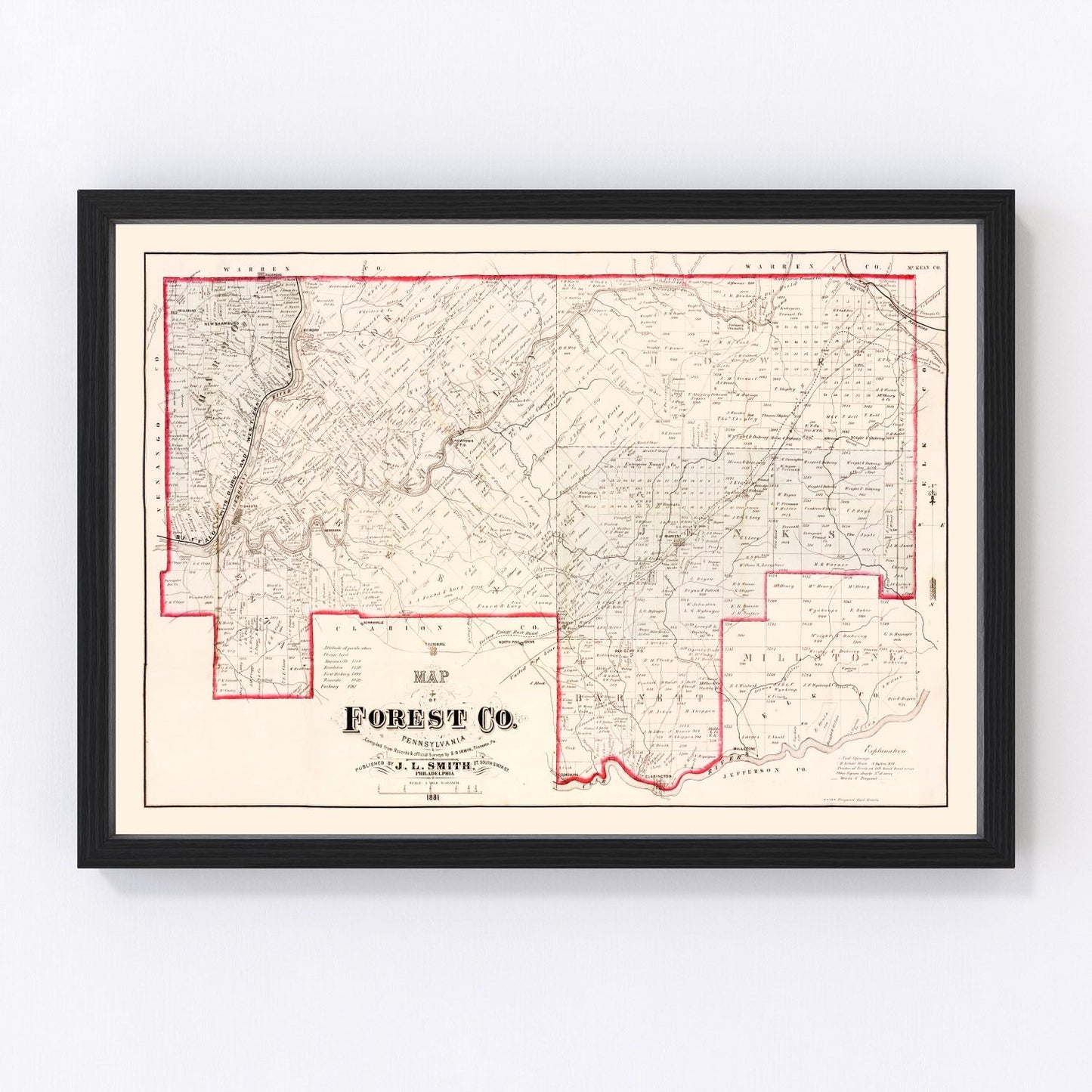 vintage map of Forest County, Pennsylvania, 1881