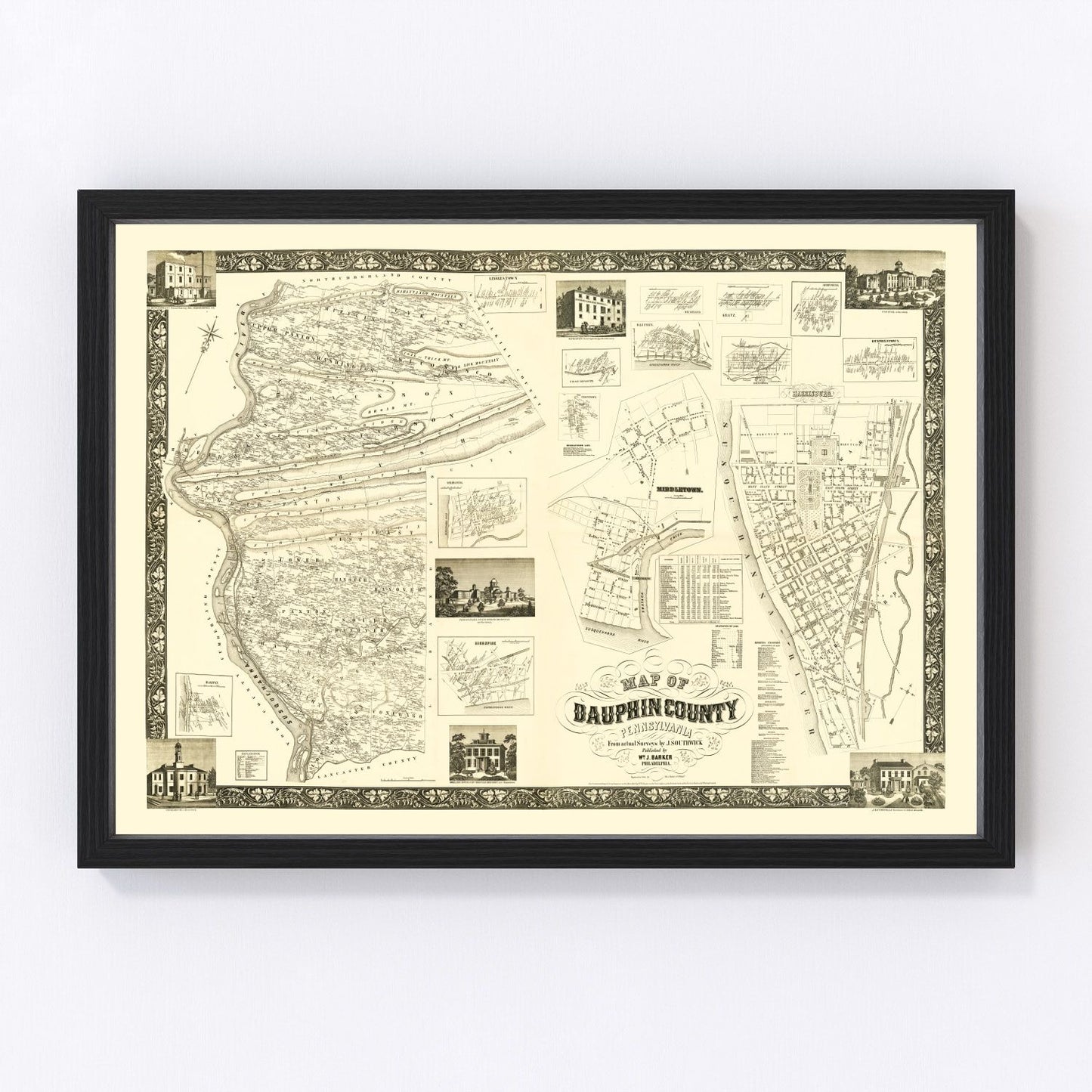 vintage map of Dauphin County, Pennsylvania, 1858