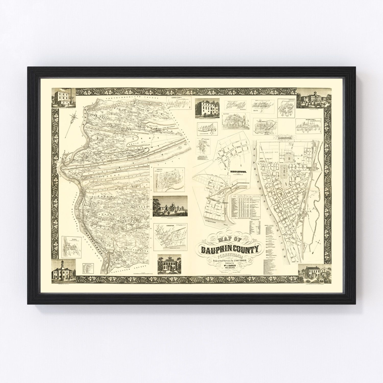 vintage map of Dauphin County, Pennsylvania, 1858