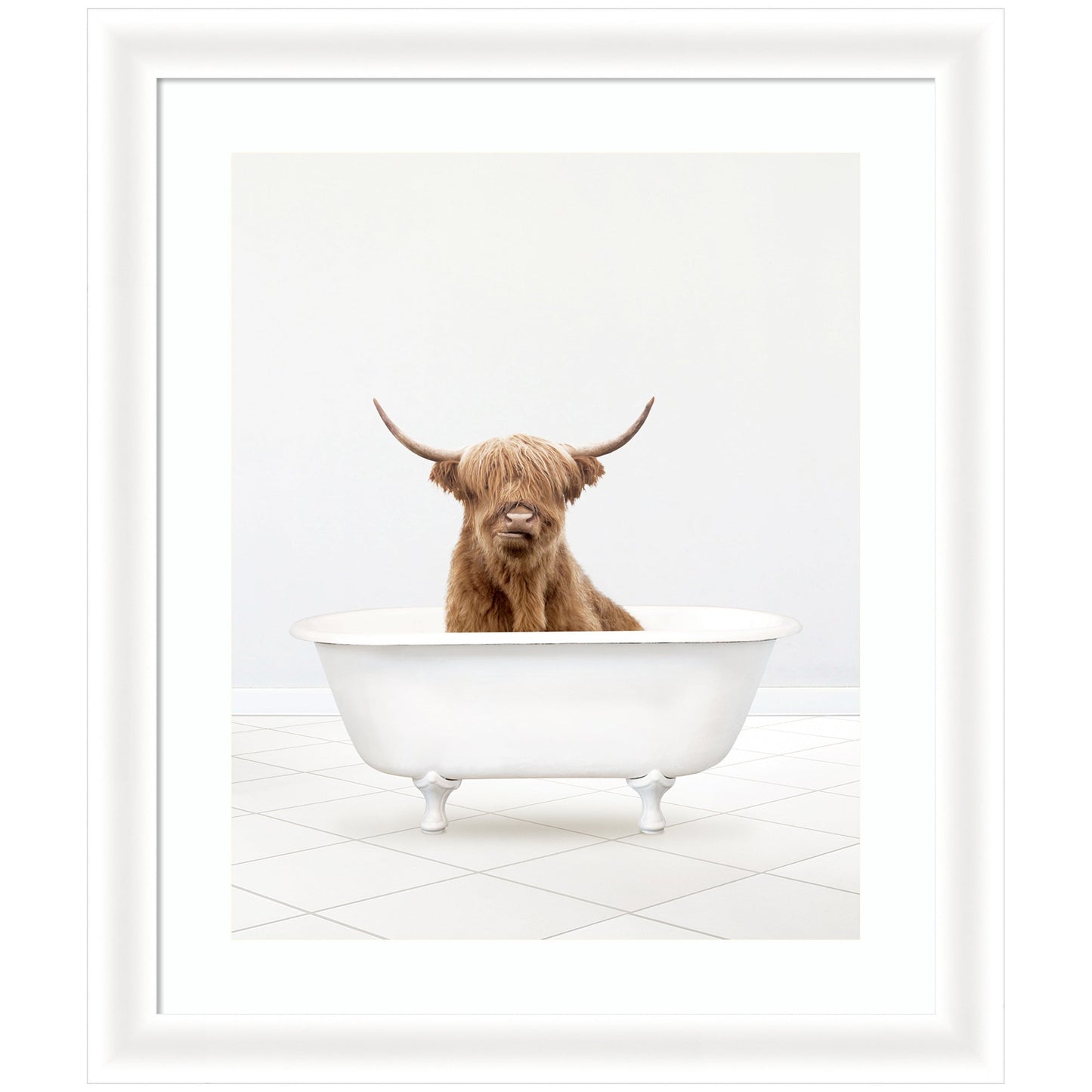 Highland cow solo bathtub framed wall art print, funny bathroom art