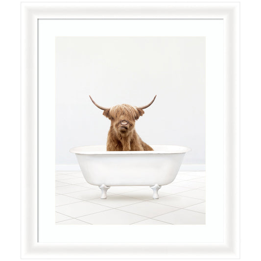 Highland cow solo bathtub framed wall art print, funny bathroom art