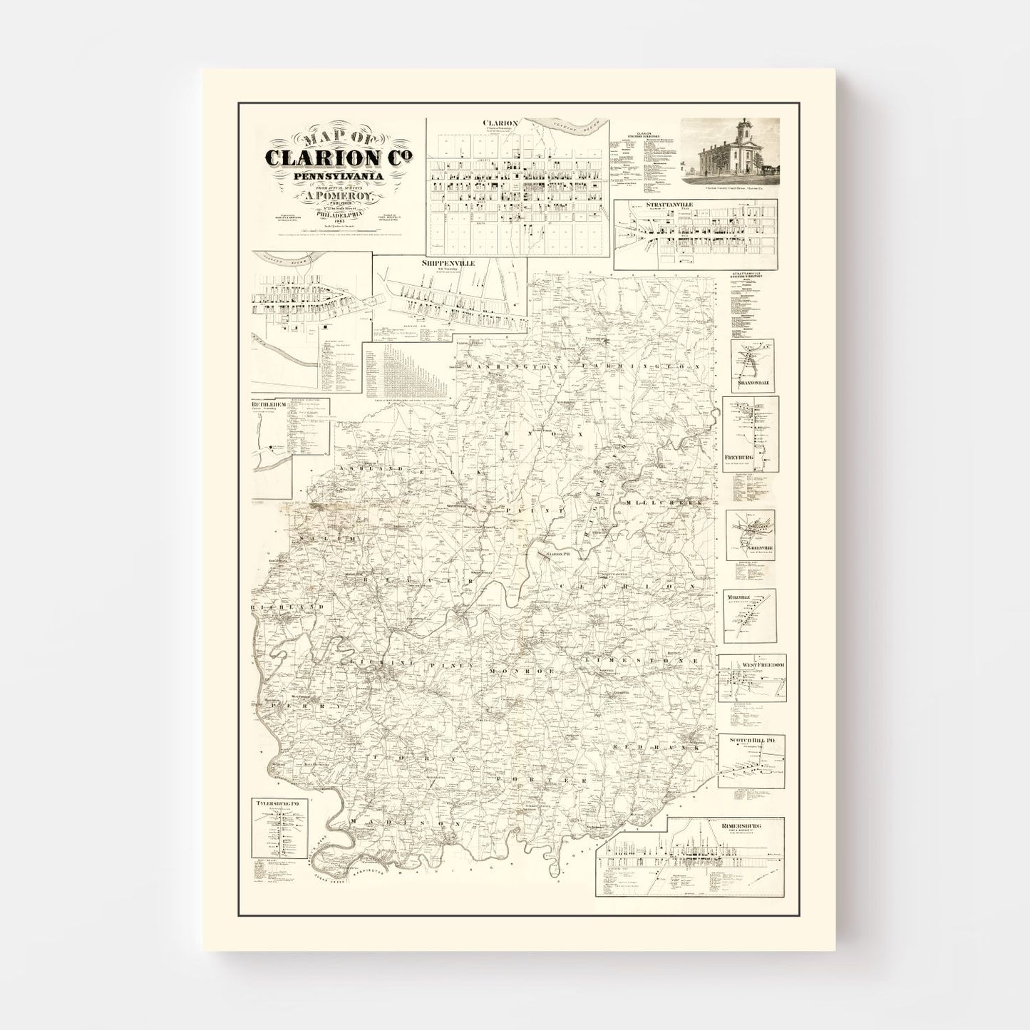 Vintage Map of Clarion County, Pennsylvania, 1865