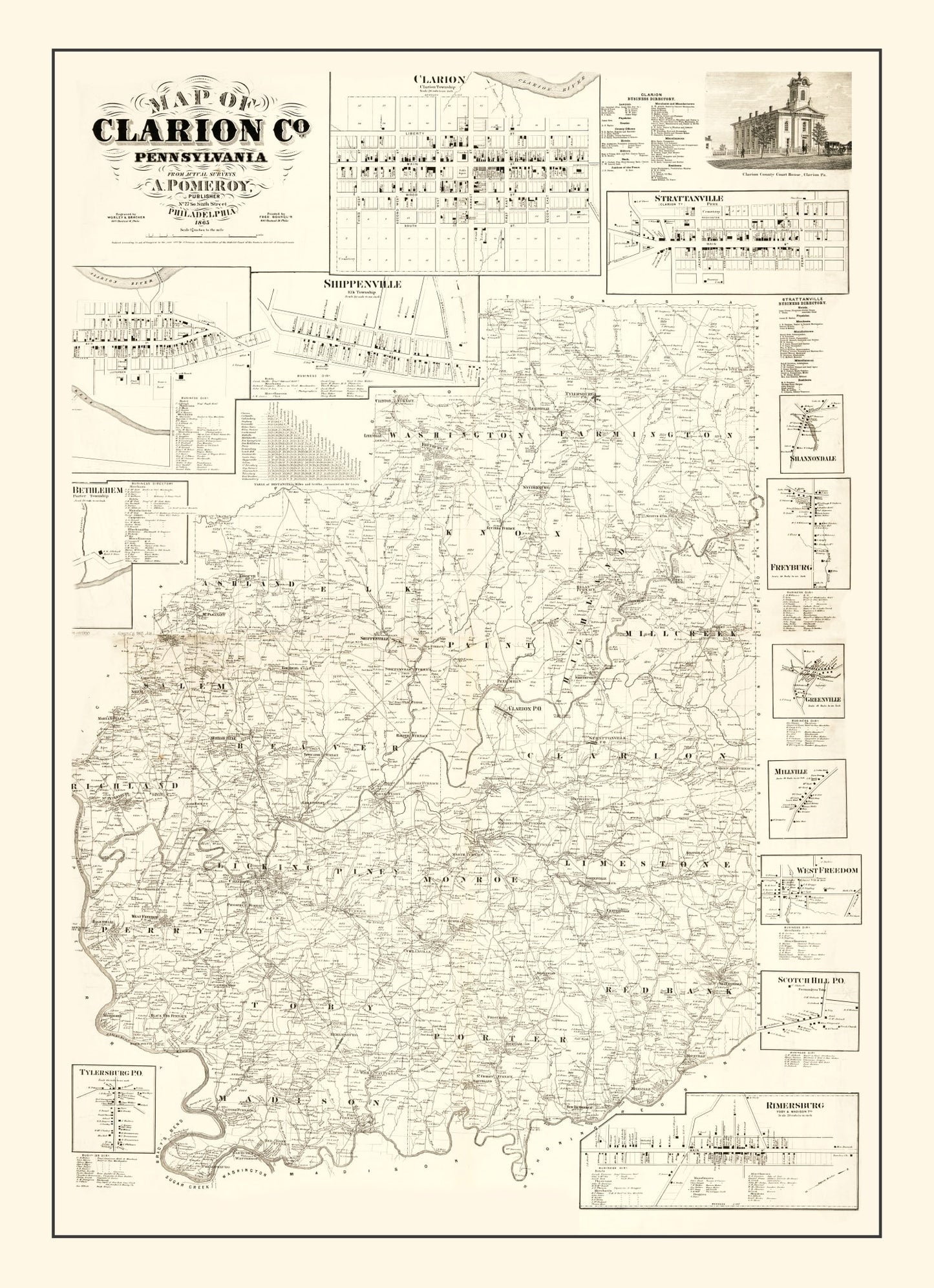 Vintage Map of Clarion County, Pennsylvania, 1865