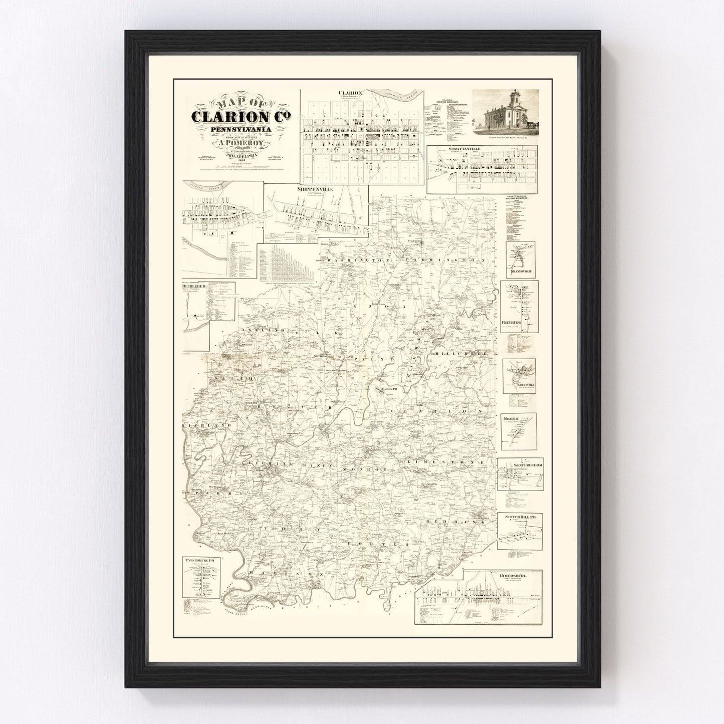 Vintage map of Clarion County, Pennsylvania, 1865