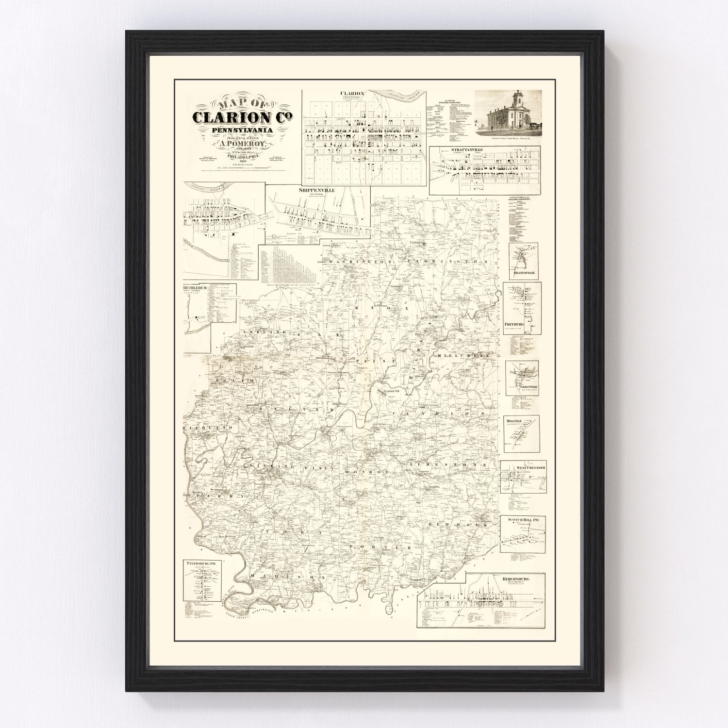 Vintage map of Clarion County, Pennsylvania, 1865