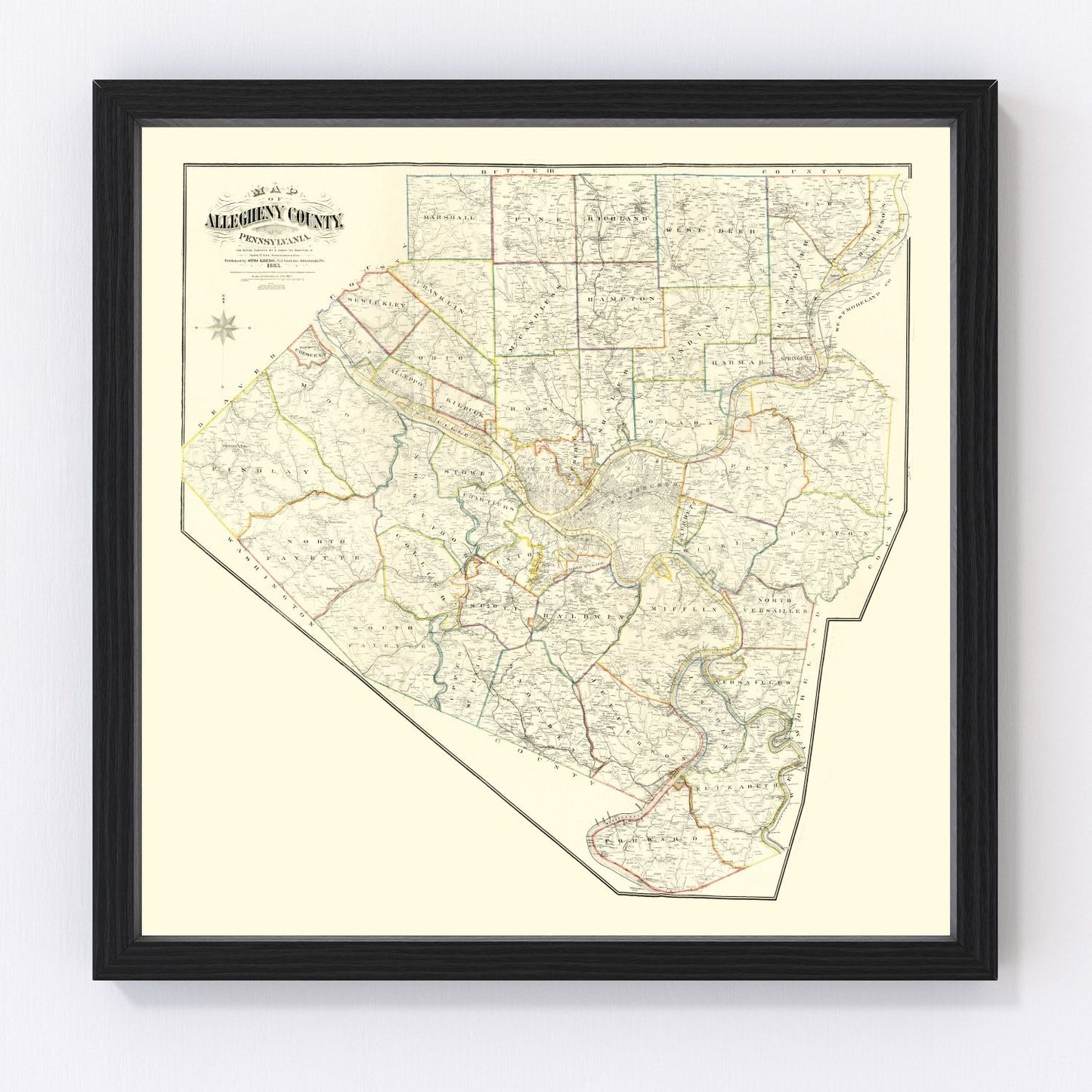 Vintage map of Allegheny County, Pennsylvania, 1883, restored print