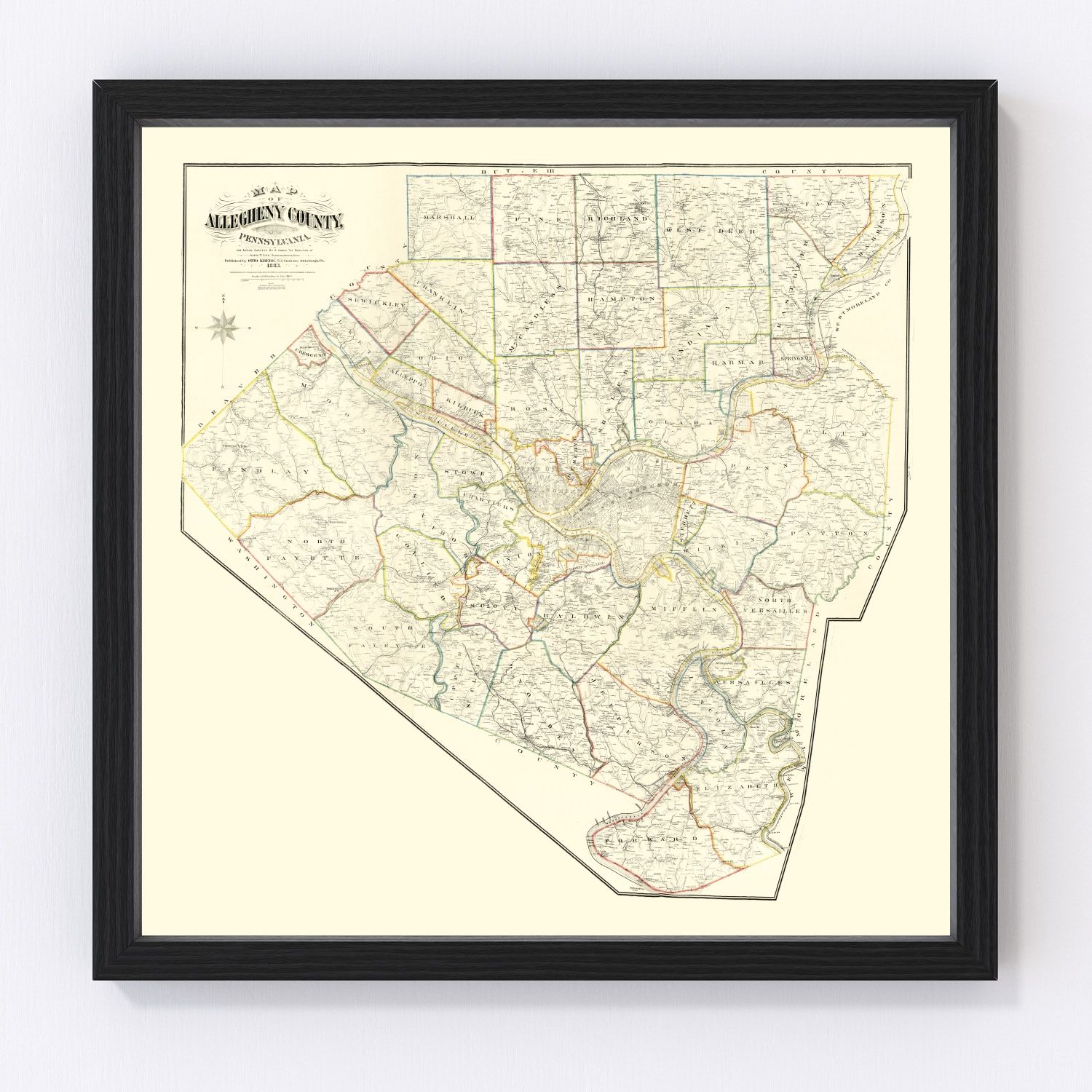 Vintage map of Allegheny County, Pennsylvania, 1883, restored print