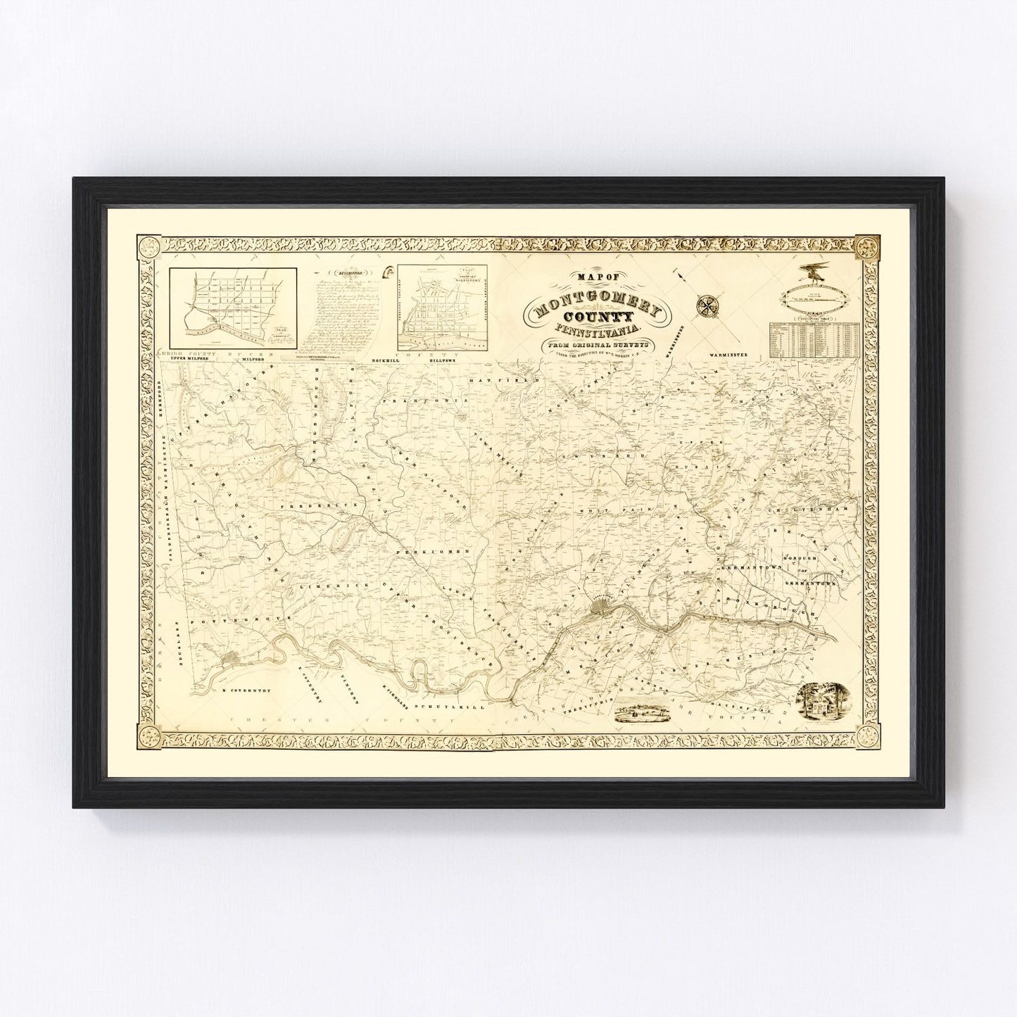Vintage map of Montgomery County, Pennsylvania, 1849