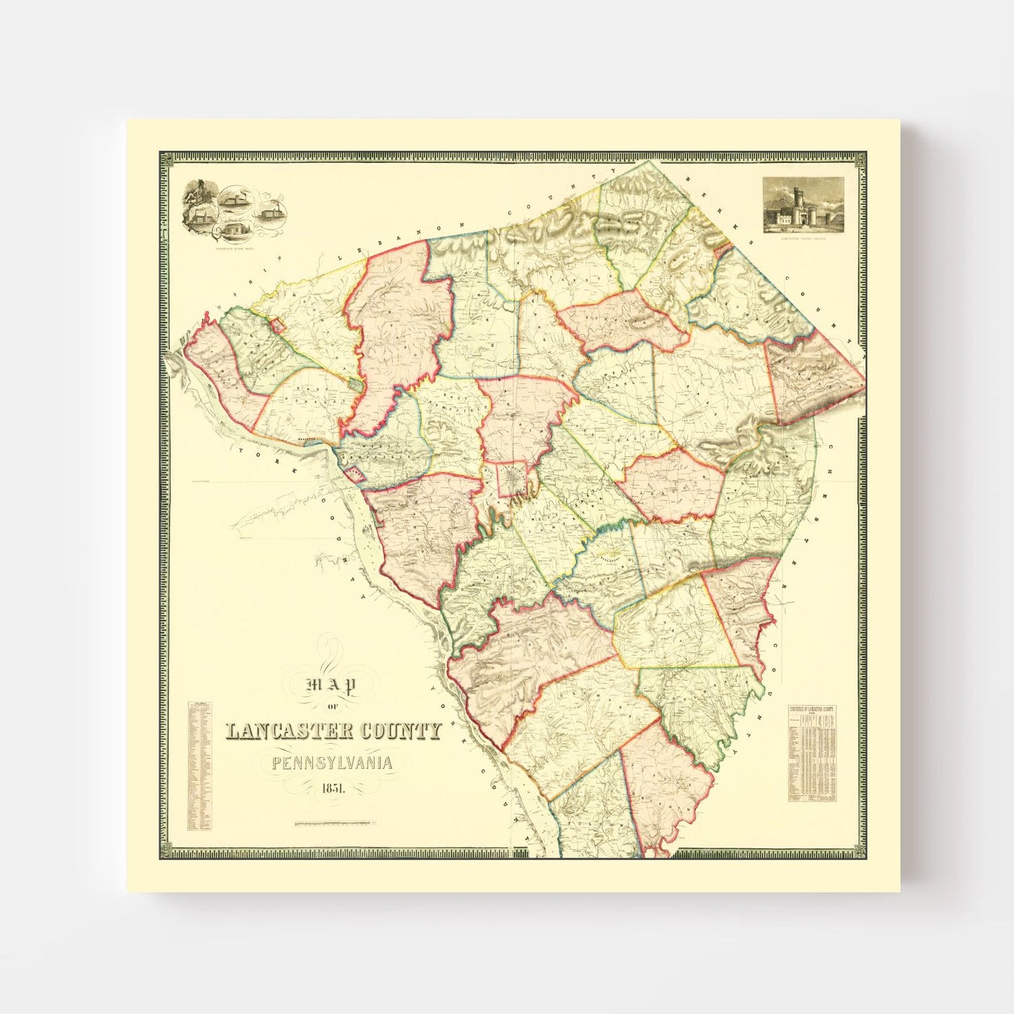 Vintage Map of Lancaster County, Pennsylvania, 1851