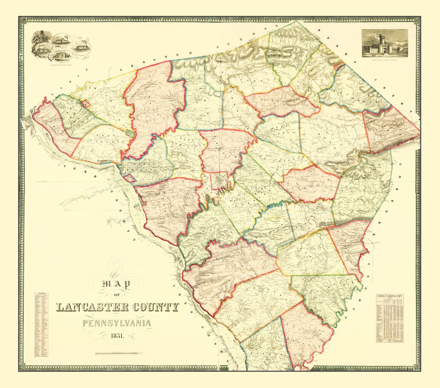Vintage Map of Lancaster County, Pennsylvania, 1851
