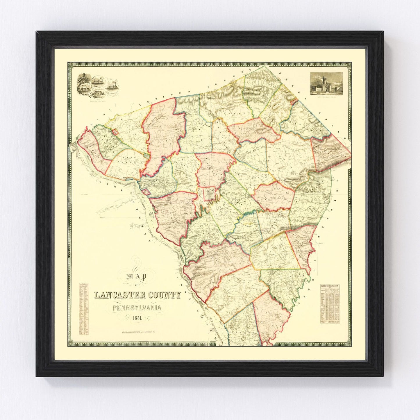 Vintage map of Lancaster County, Pennsylvania, 1851