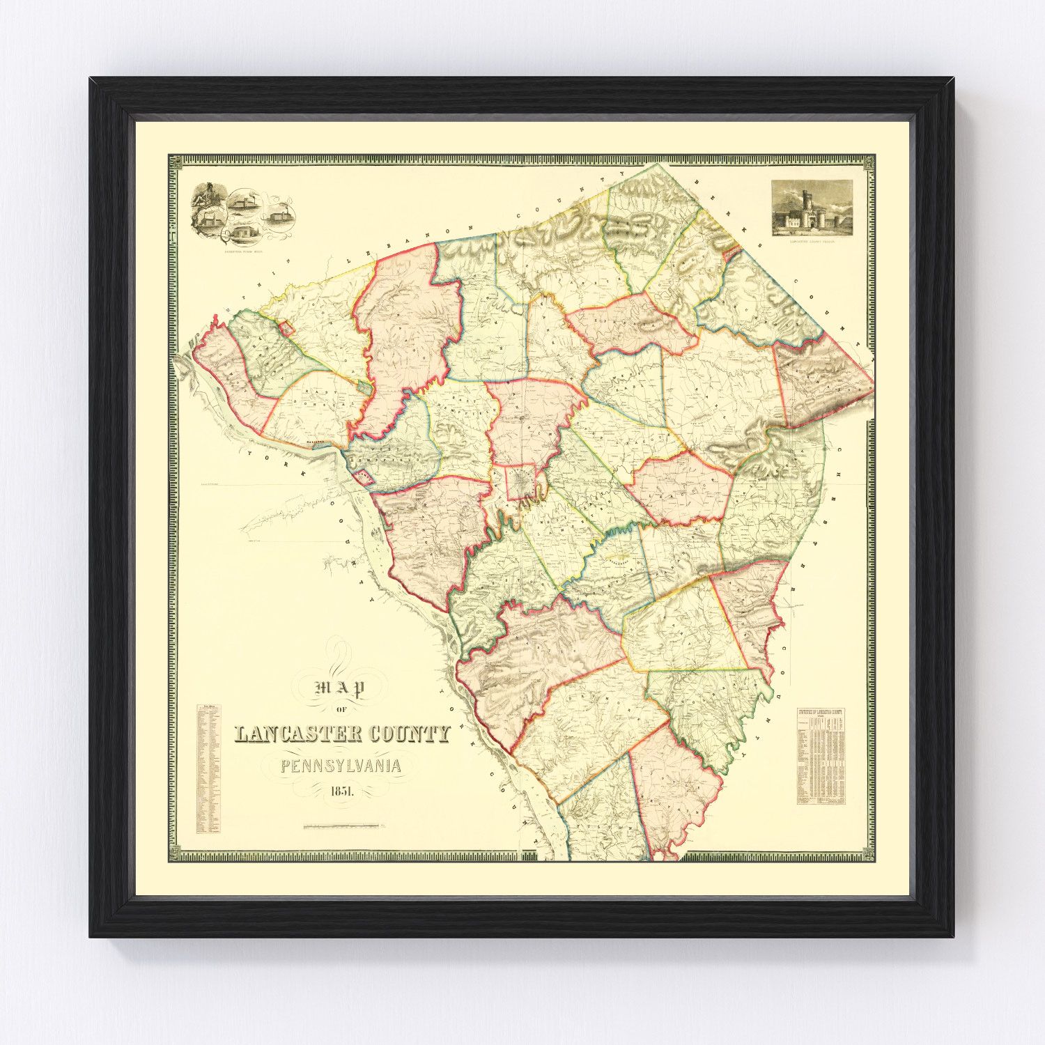 Vintage map of Lancaster County, Pennsylvania, 1851