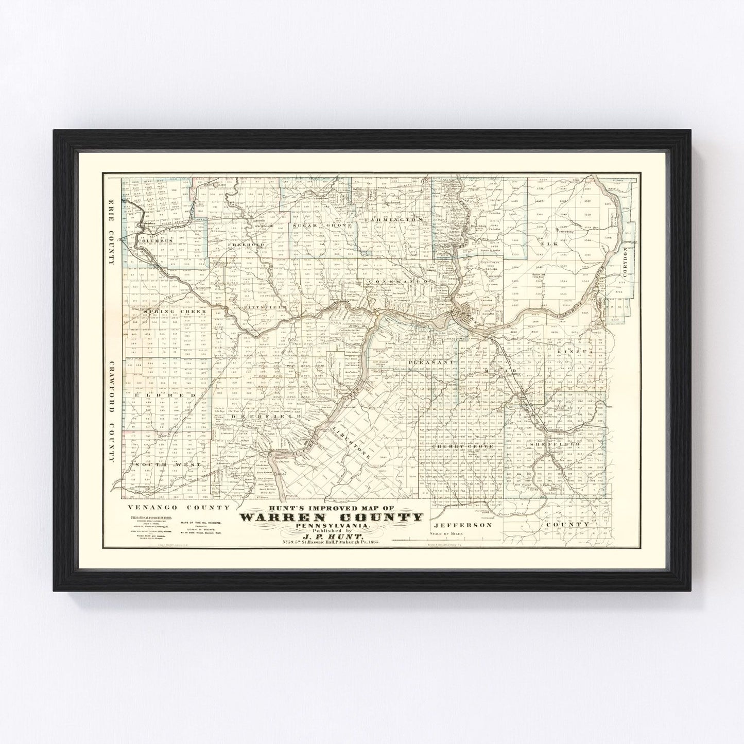 Vintage map of Warren County, Pennsylvania, 1865 wall art print
