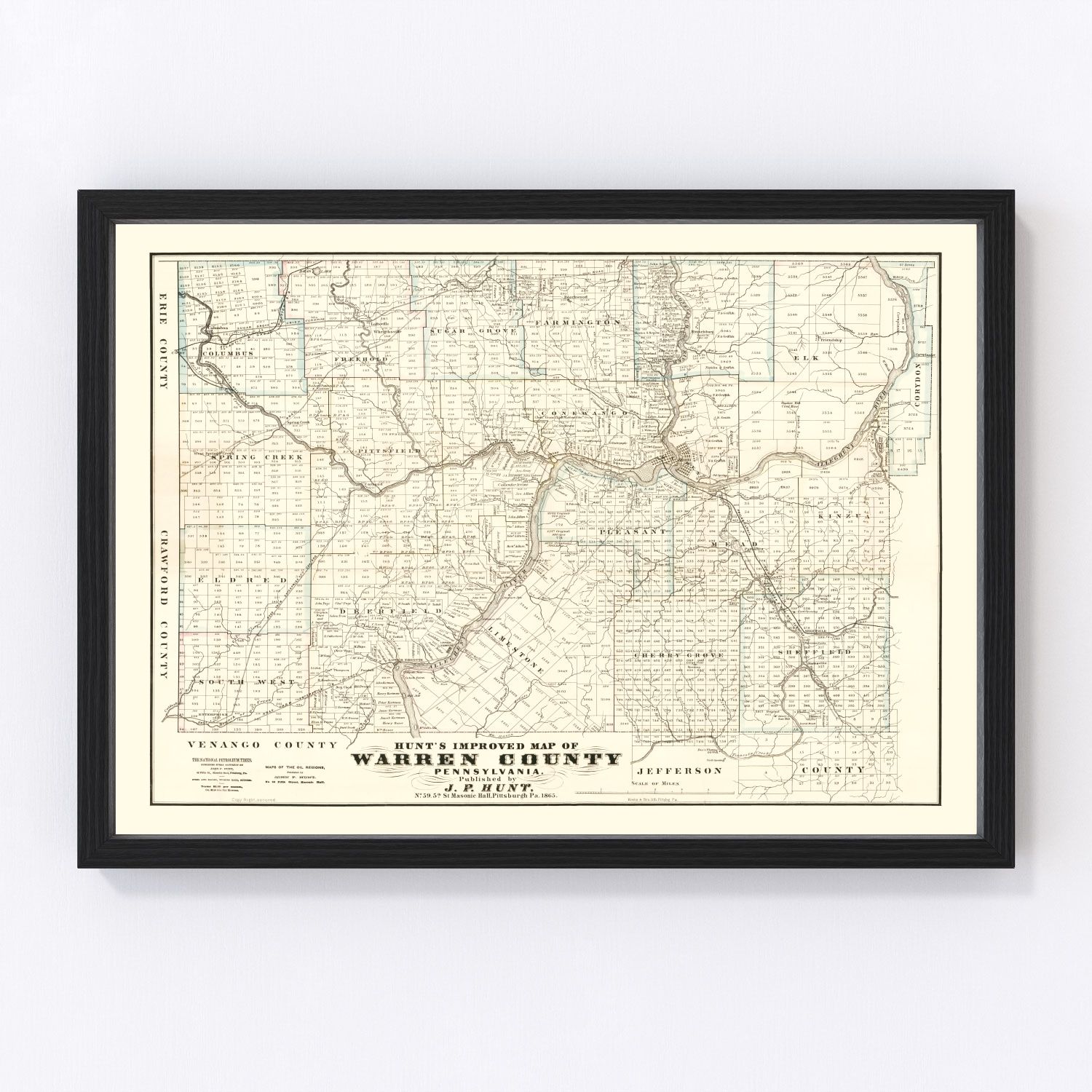 Vintage map of Warren County, Pennsylvania, 1865 wall art print