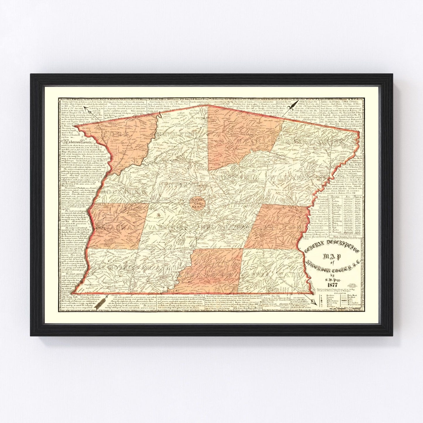 Vintage map of Anderson County, South Carolina, 1877 - restored print