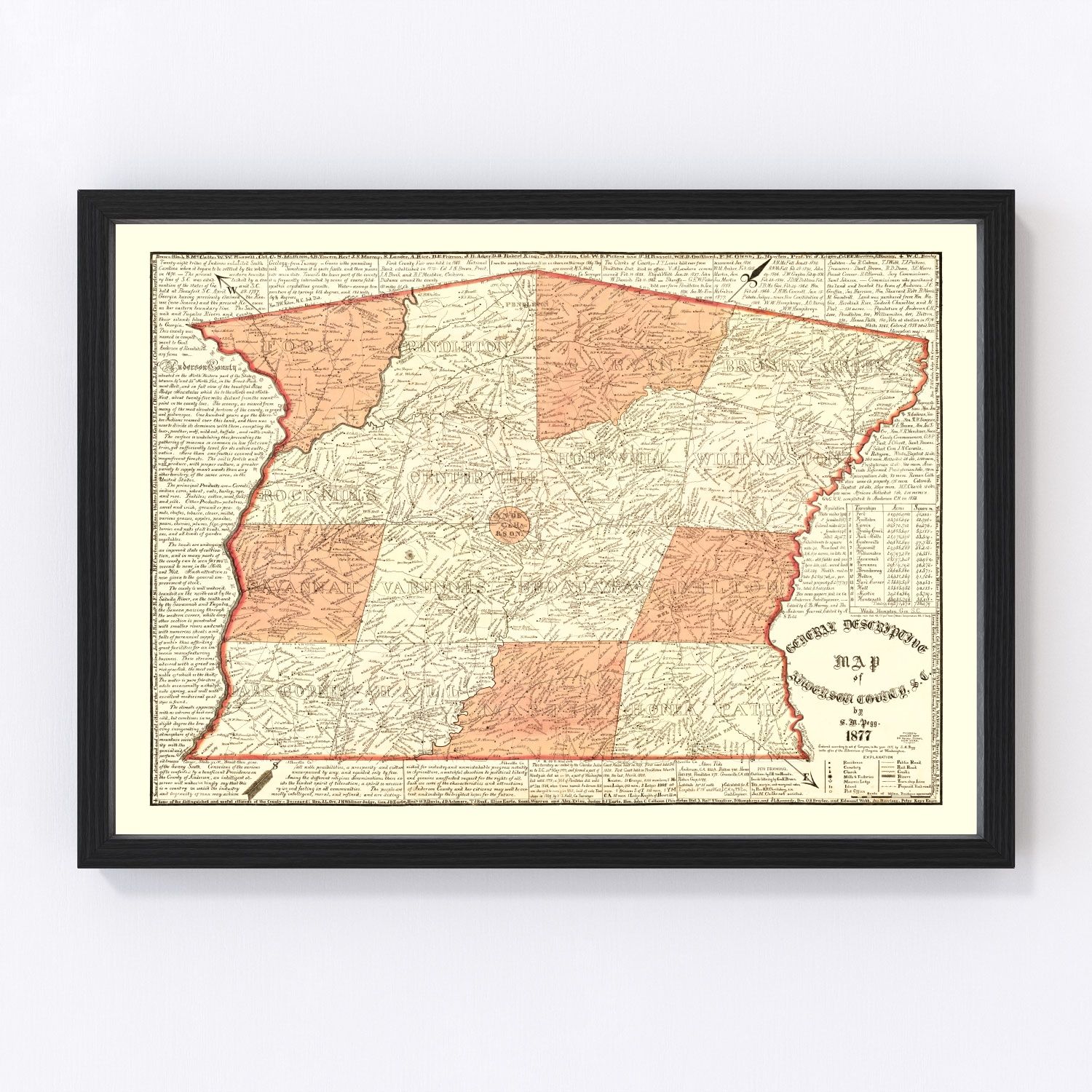 Vintage map of Anderson County, South Carolina, 1877 - restored print