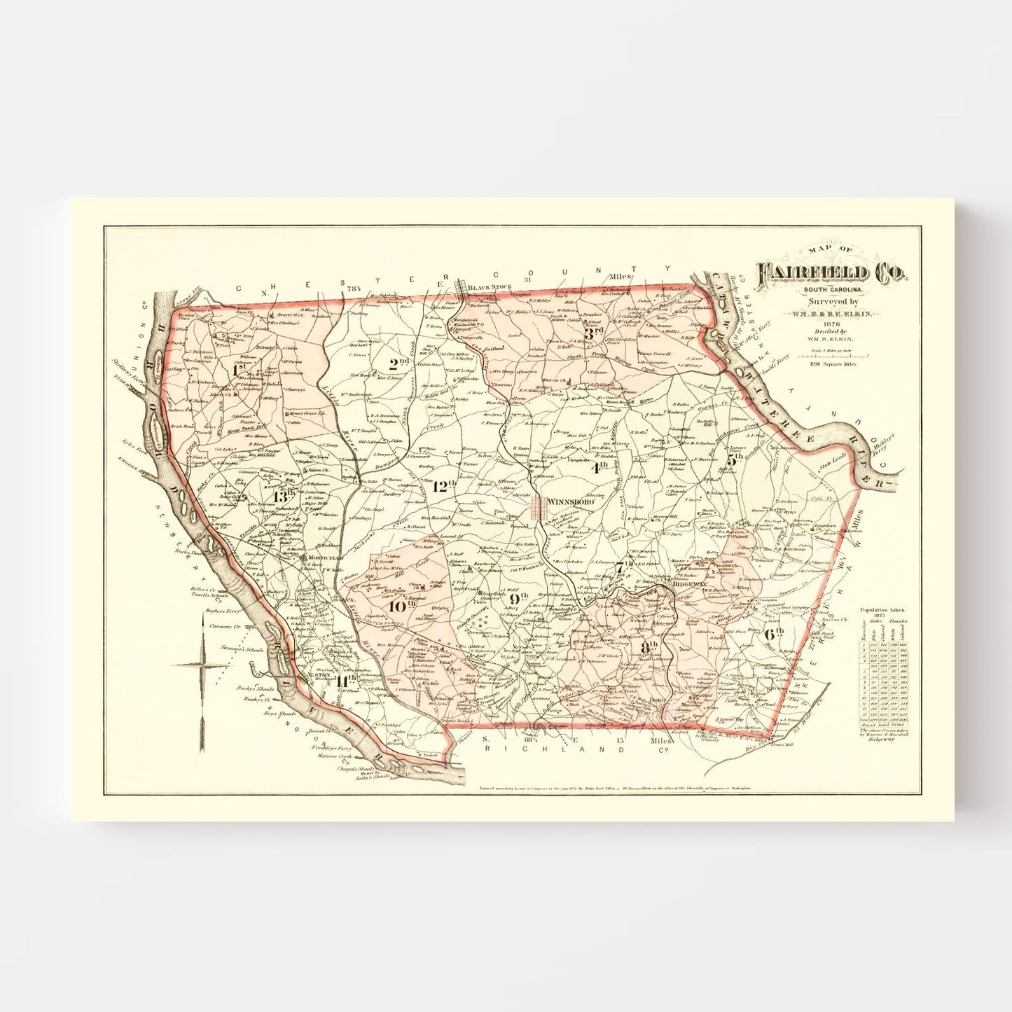 Vintage Map of Fairfield County, South Carolina, 1876