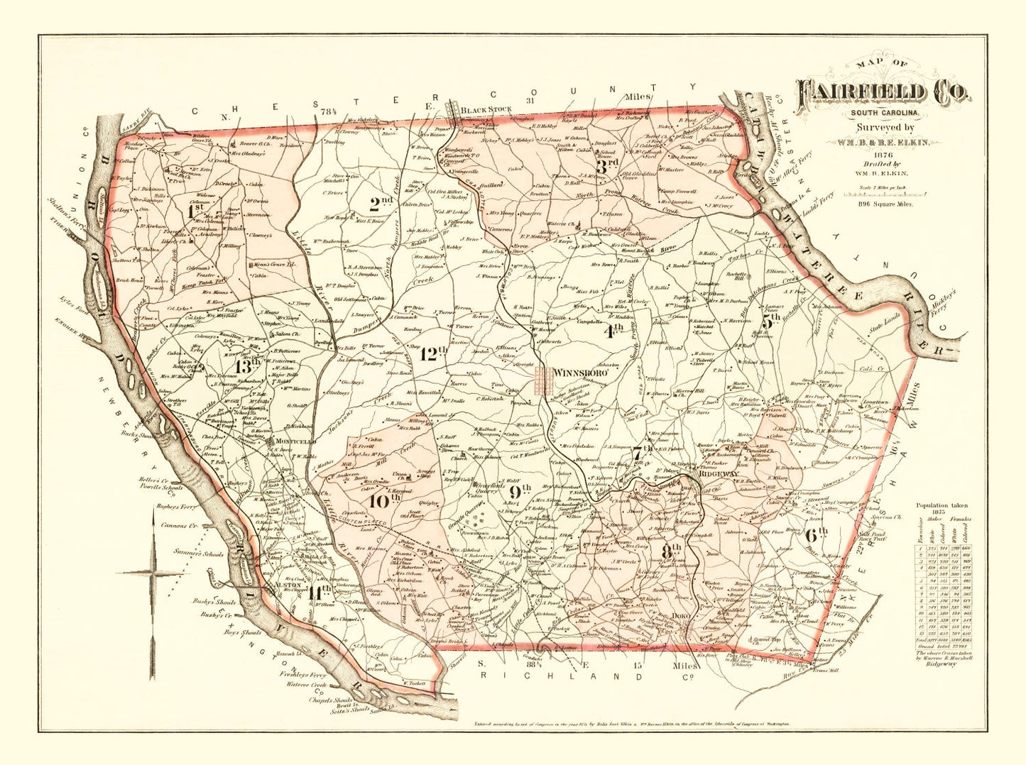 Vintage Map of Fairfield County, South Carolina, 1876