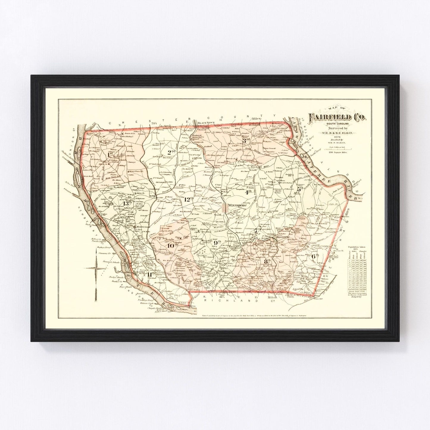 Vintage map of Fairfield County, South Carolina, 1876