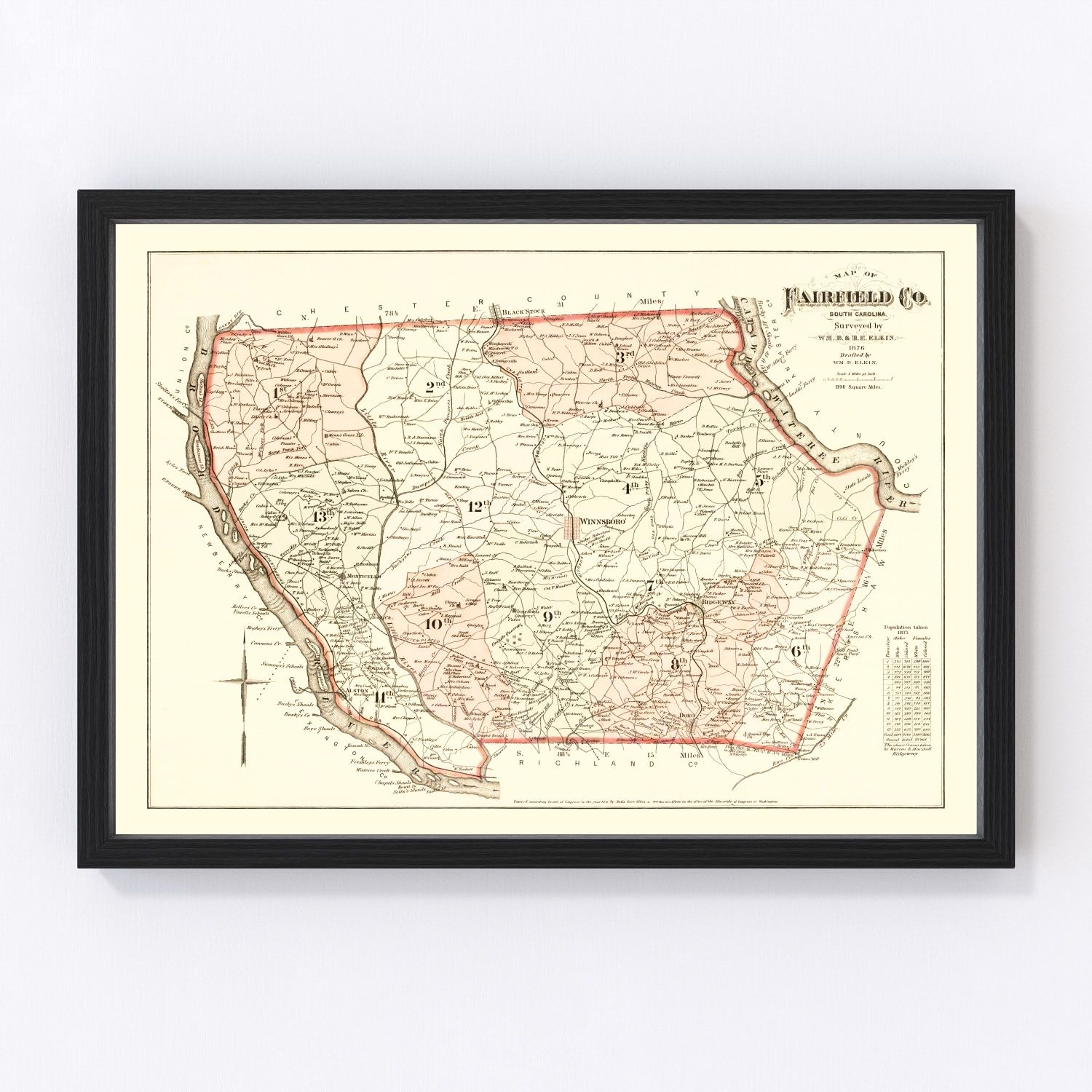 Vintage map of Fairfield County, South Carolina, 1876
