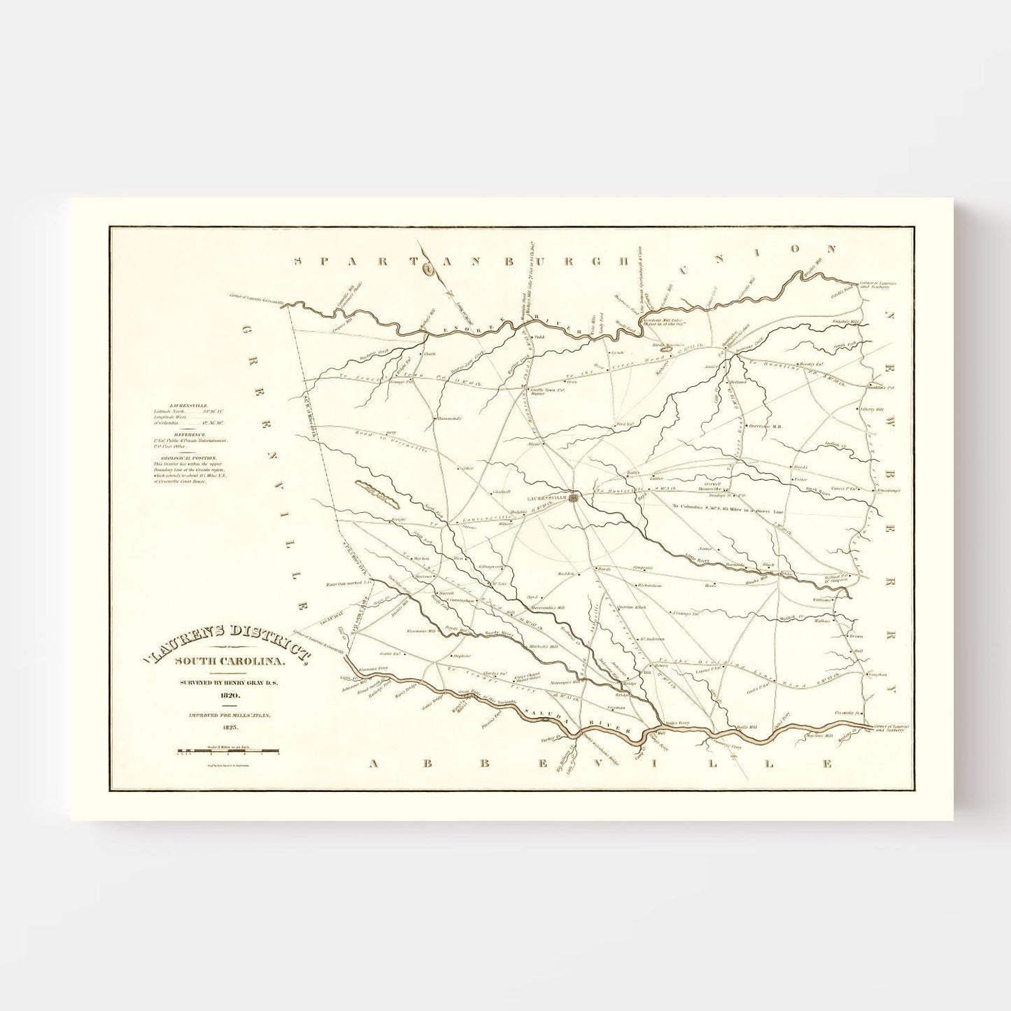 Vintage Map of Laurens County, South Carolina, 1825