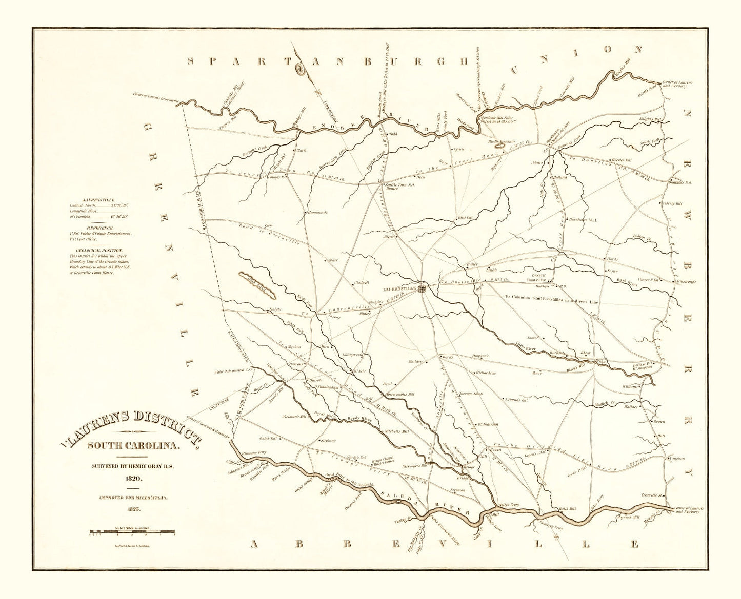 Vintage Map of Laurens County, South Carolina, 1825
