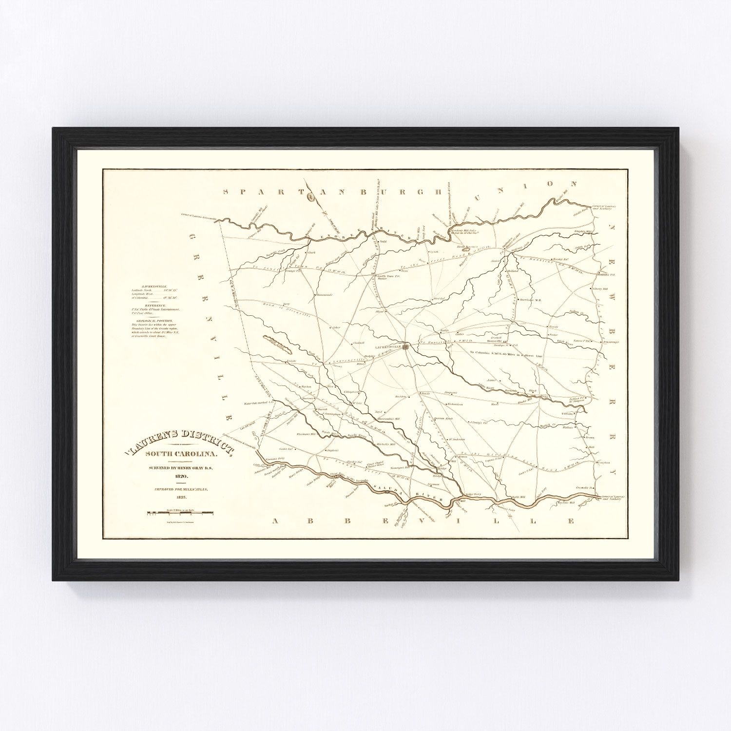 Vintage map of Laurens County, South Carolina, 1825