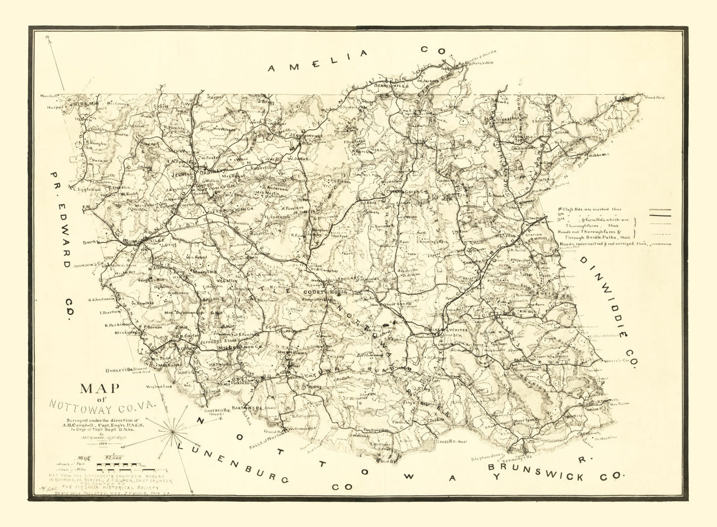 Vintage Map of Nottoway County, Virginia, 1864