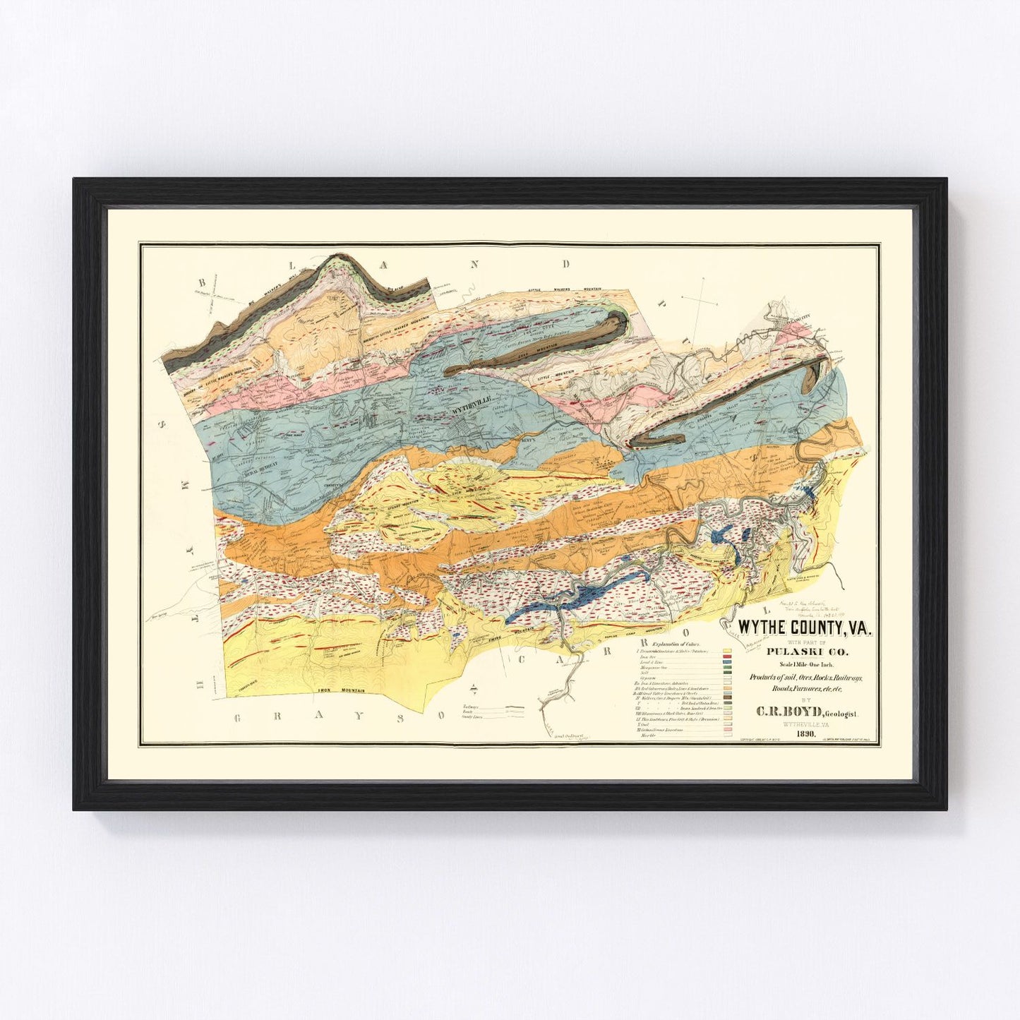 Vintage map of Wythe County, Virginia, 1890, Blue Ridge Mountains area