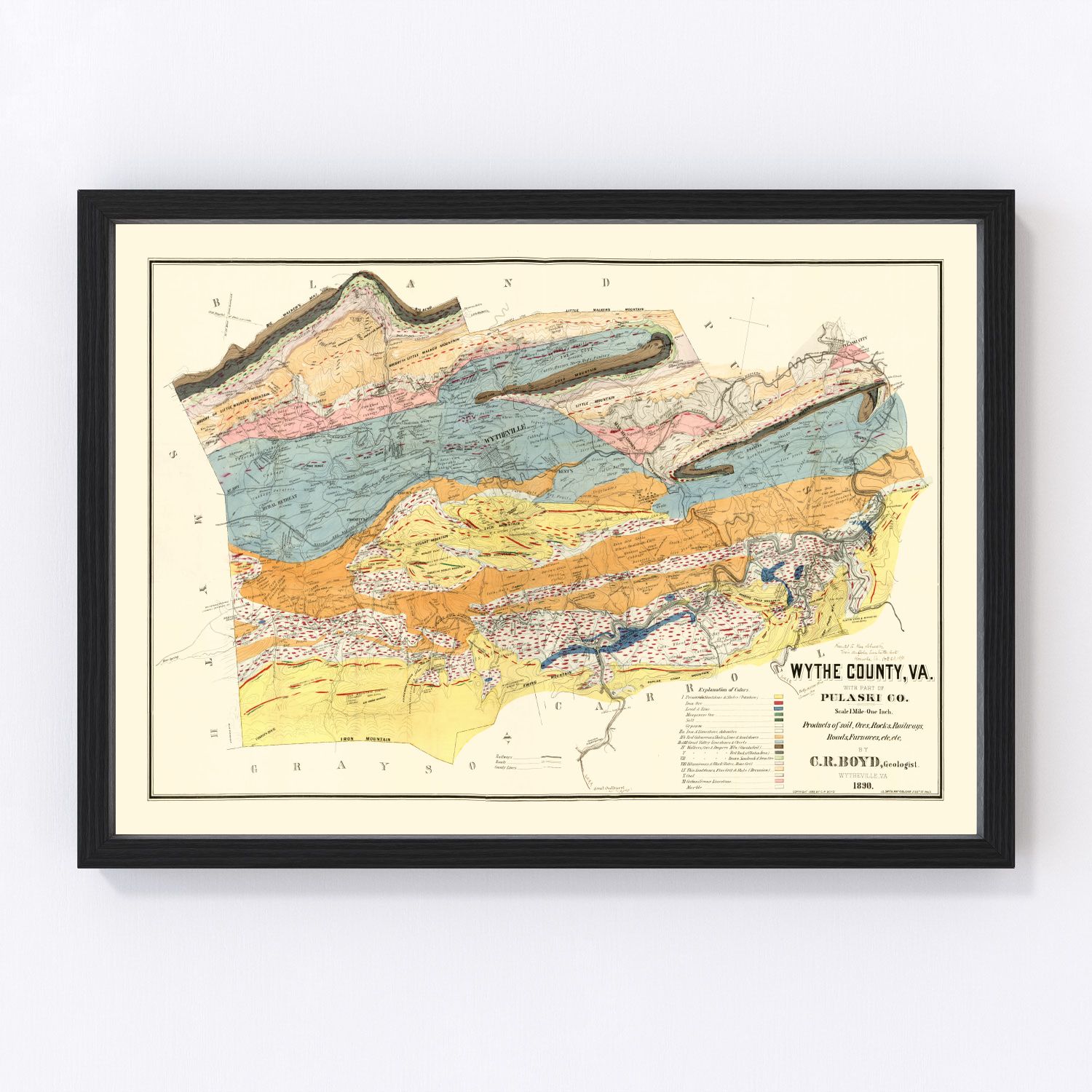 Vintage map of Wythe County, Virginia, 1890, Blue Ridge Mountains area