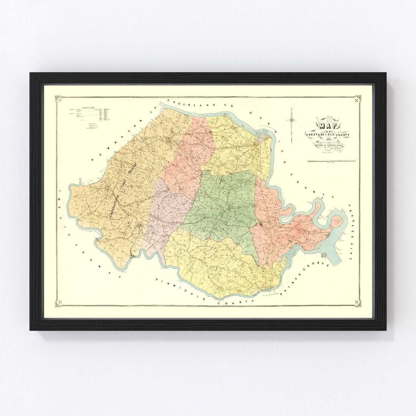 Vintage map of Chesterfield County, Virginia, 1888, digitally restored