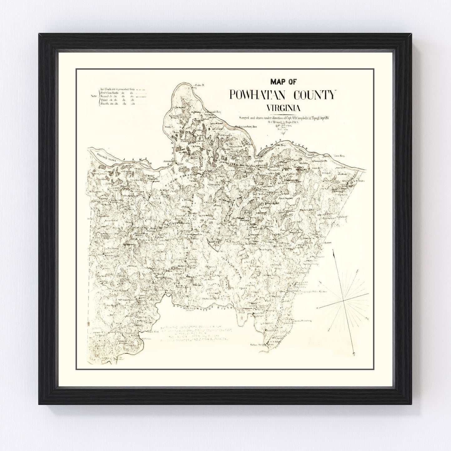vintage map of Powhatan County, Virginia, Civil War era, 1864