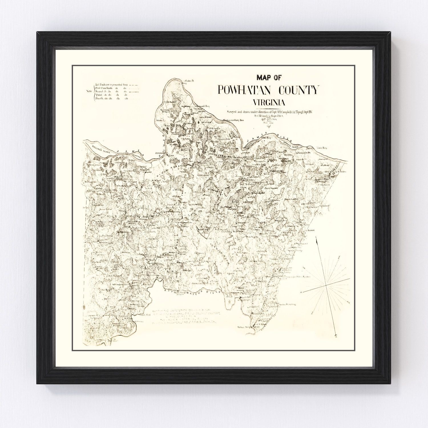 vintage map of Powhatan County, Virginia, Civil War era, 1864