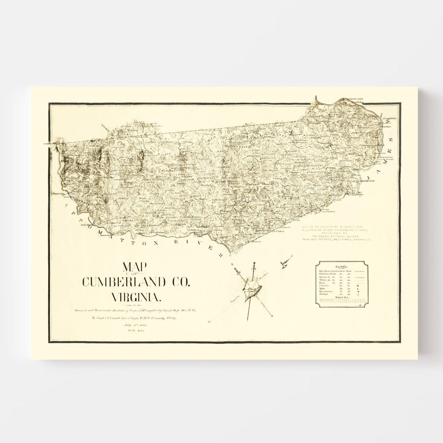 Vintage Map of Cumberland County, Virginia, 1864