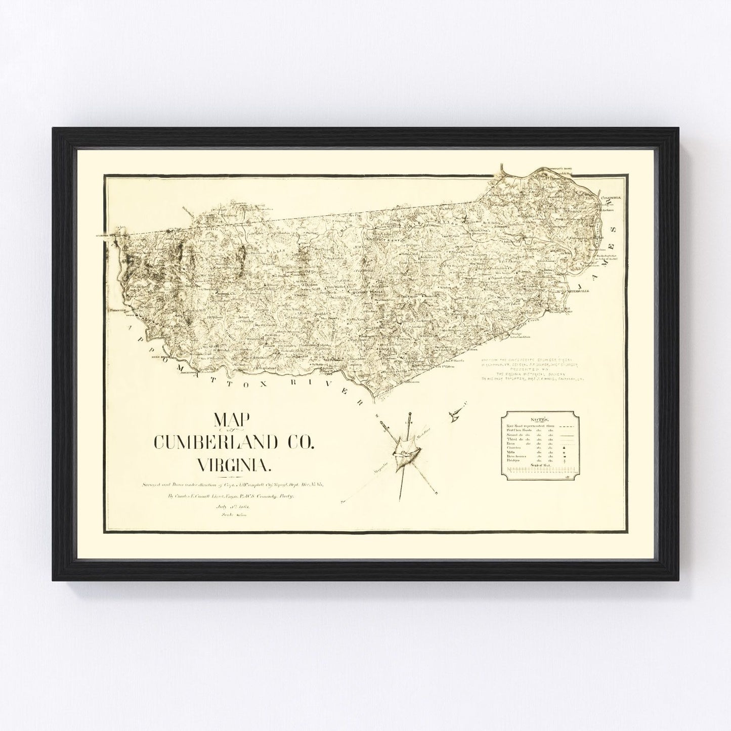 vintage map of Cumberland County, Virginia, 1864