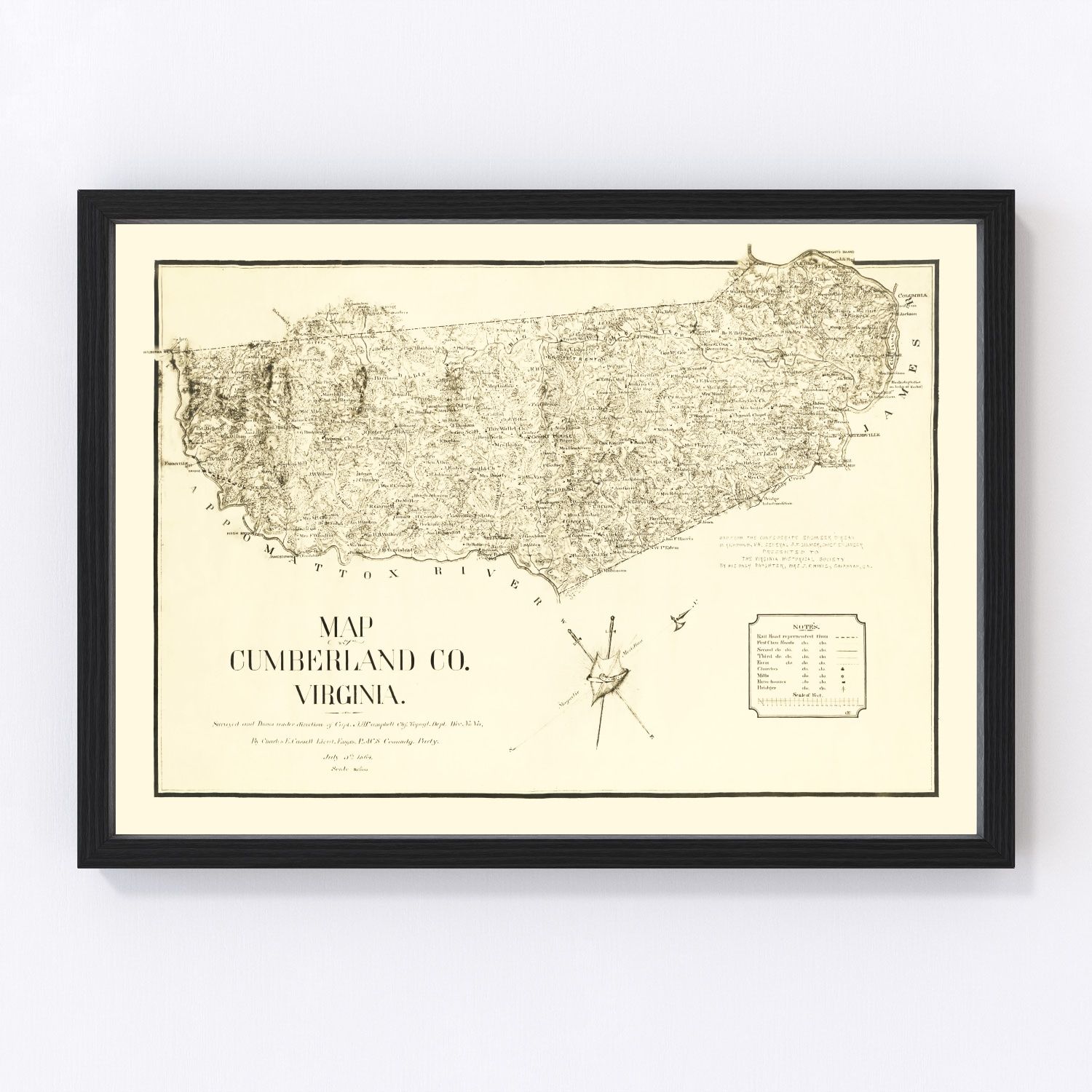 vintage map of Cumberland County, Virginia, 1864