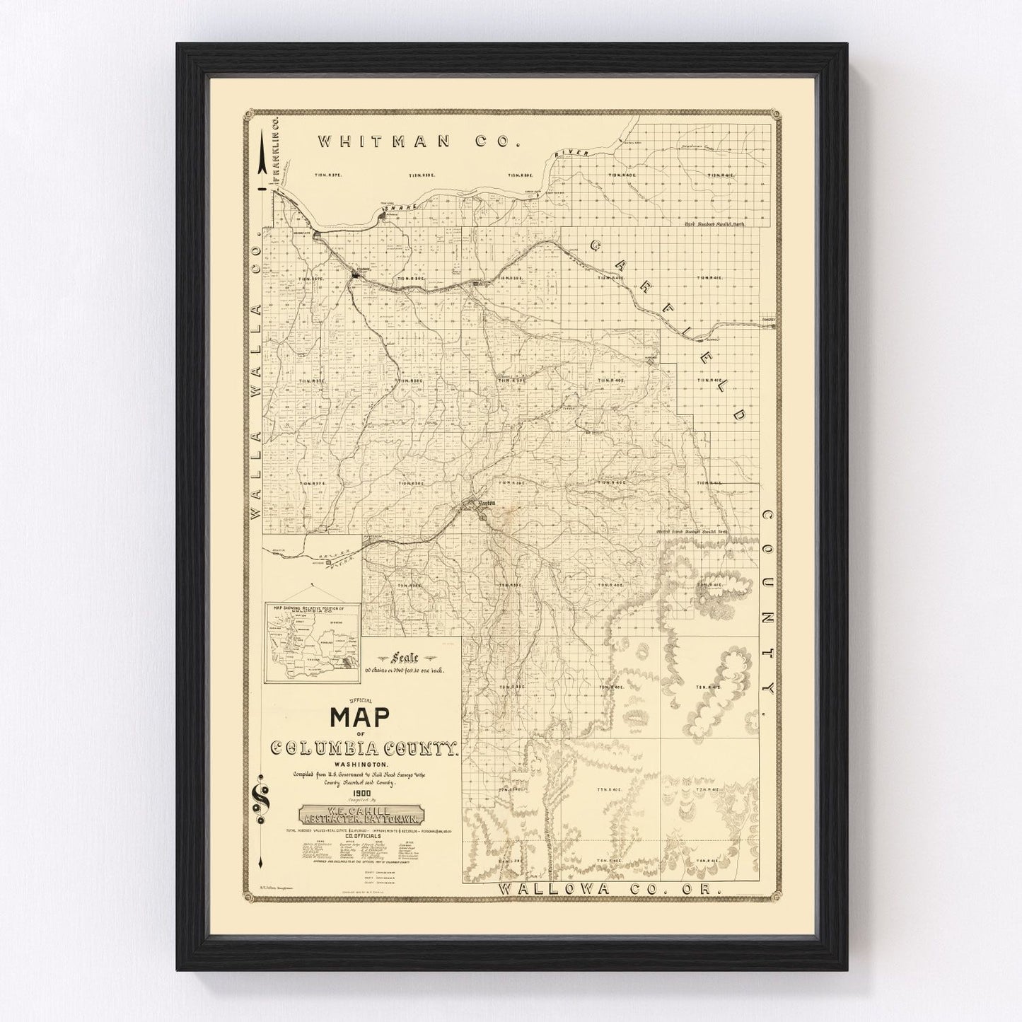 Vintage restored map of Columbia County, Washington, 1900, Pacific Northwest wheat country