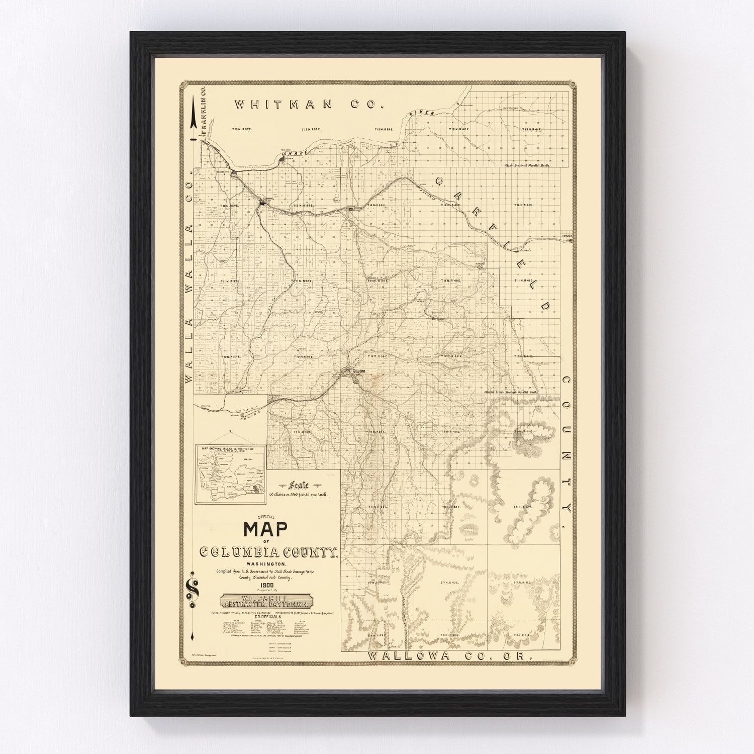 Vintage restored map of Columbia County, Washington, 1900, Pacific Northwest wheat country
