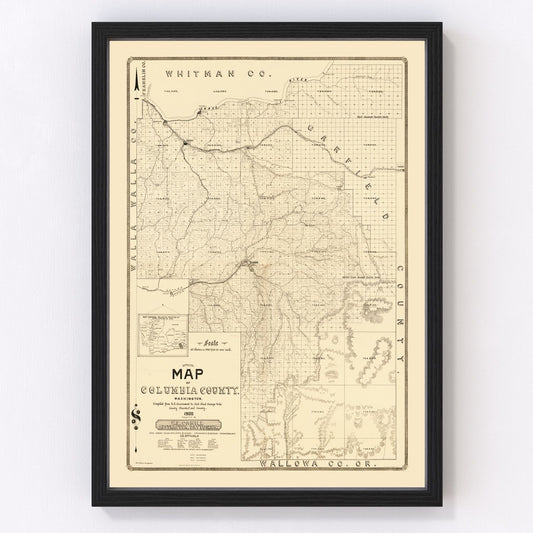 Vintage restored map of Columbia County, Washington, 1900, Pacific Northwest wheat country