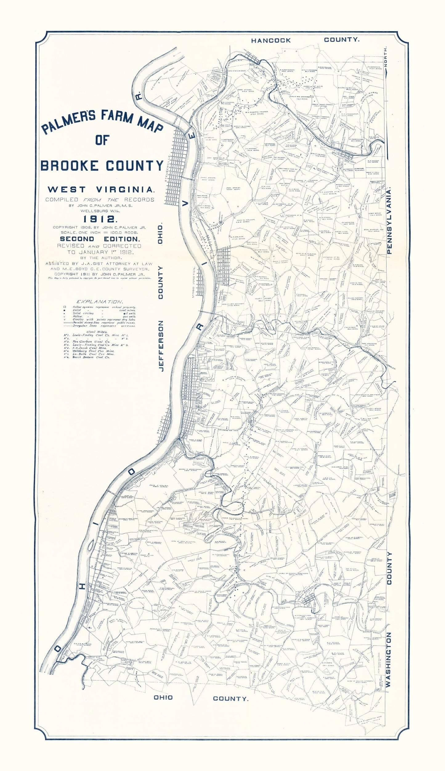 Vintage Map of Brooke County, West Virginia 1912