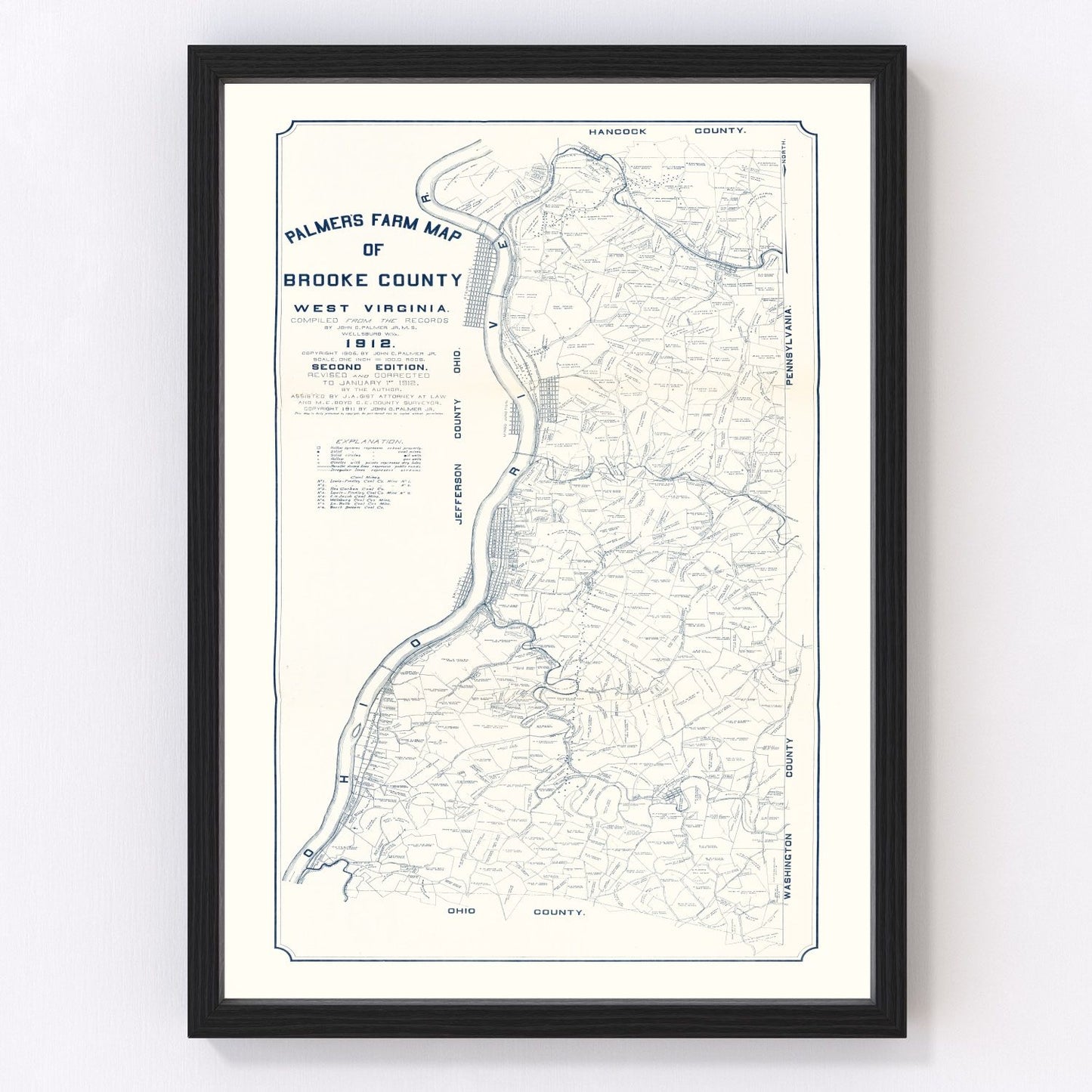 vintage map of Brooke County West Virginia 1912, restored print wall art