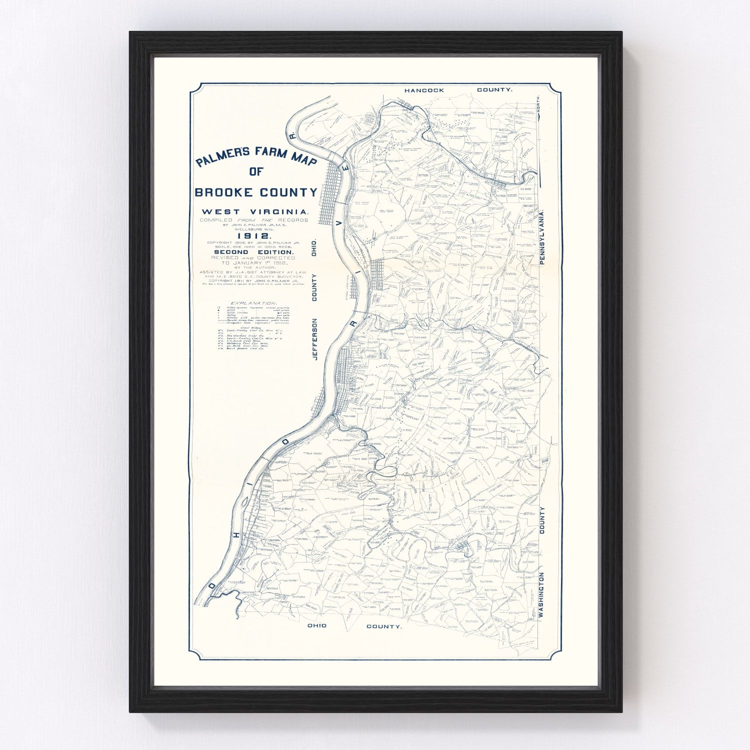 vintage map of Brooke County West Virginia 1912, restored print wall art