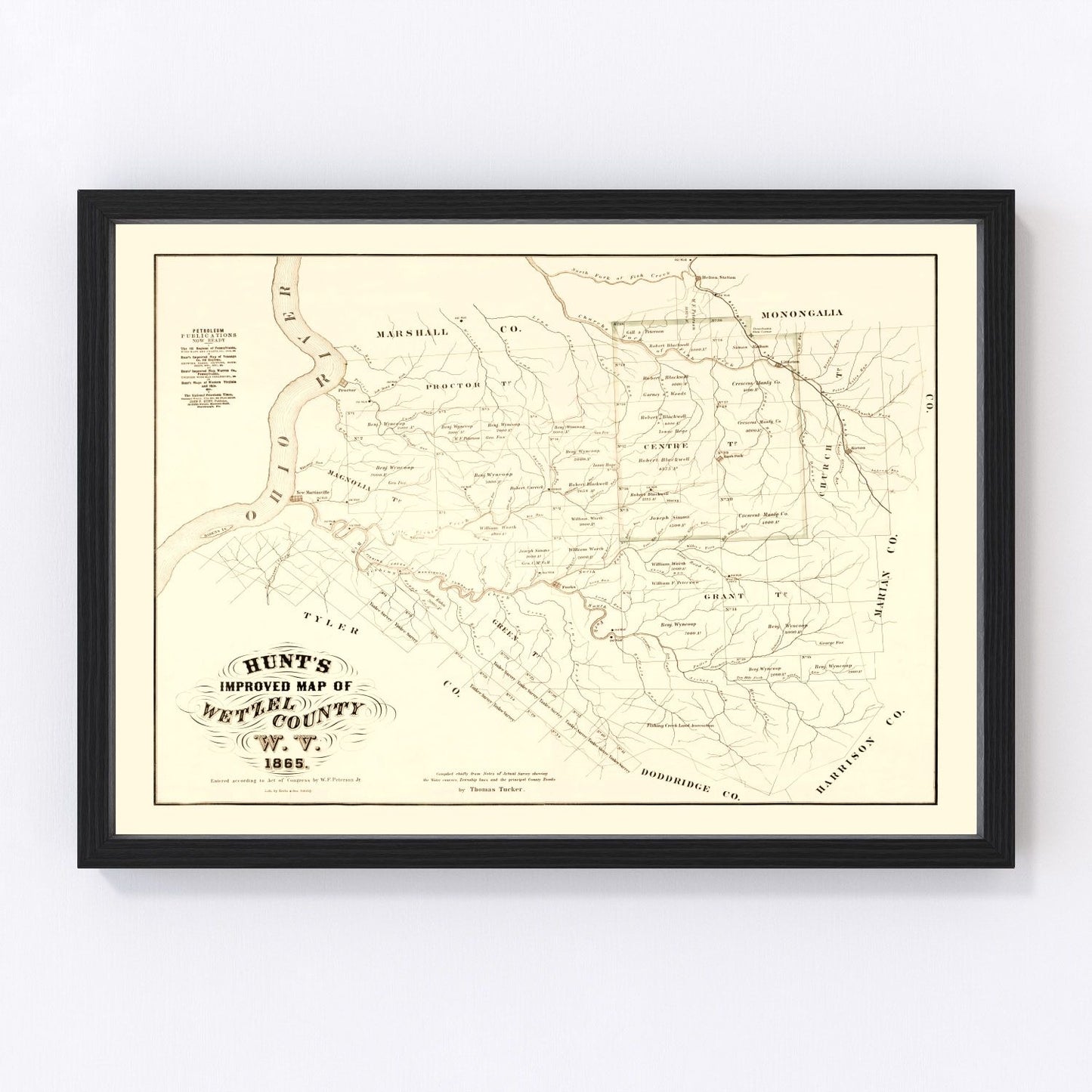 Vintage map of Wetzel County, West Virginia, 1865, Civil War era hills and creeks